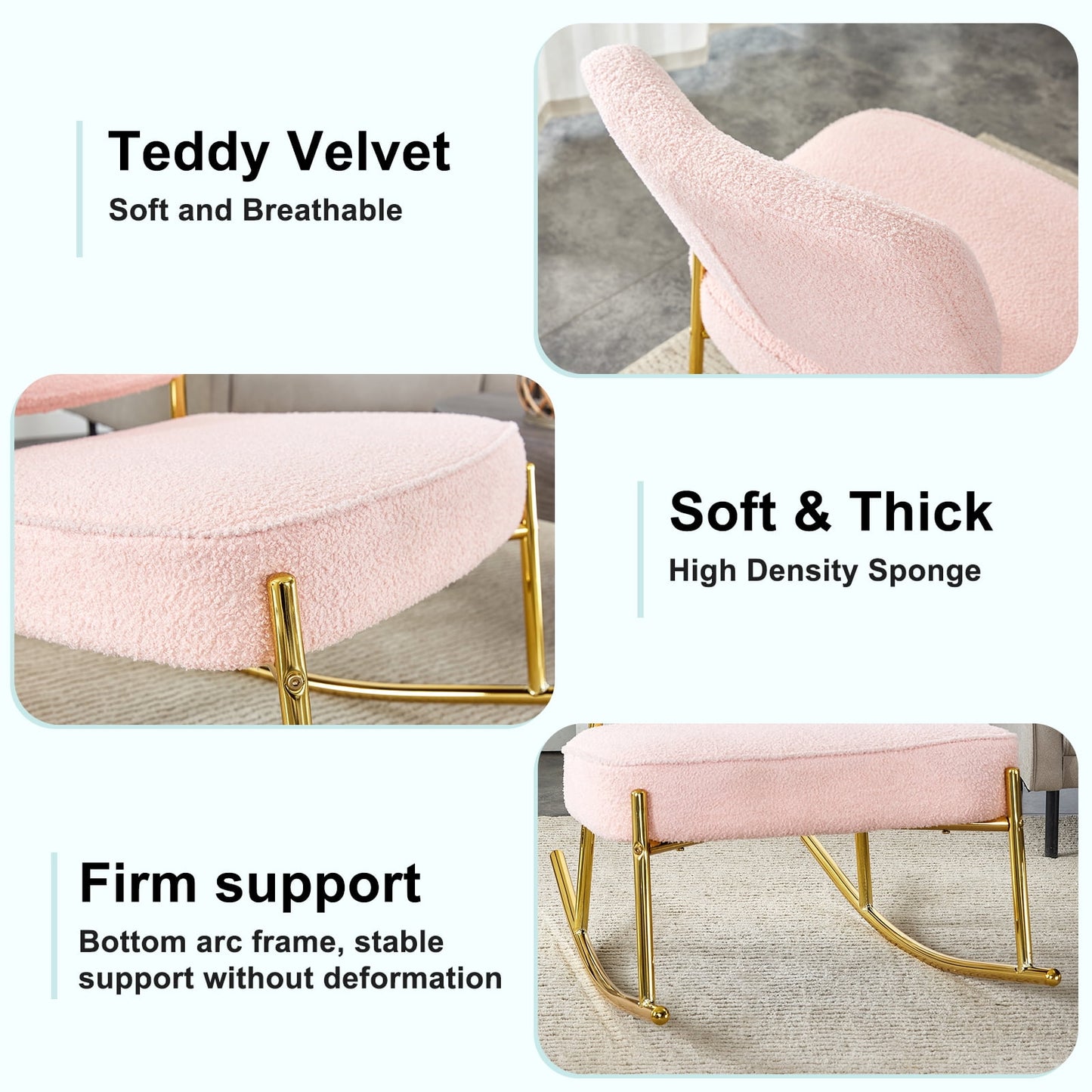 Sudica Velvet Rocking Accent Chairs with Metal Legs, Upholstered Modern Armless Rocker Chair for Bedroom,Pink