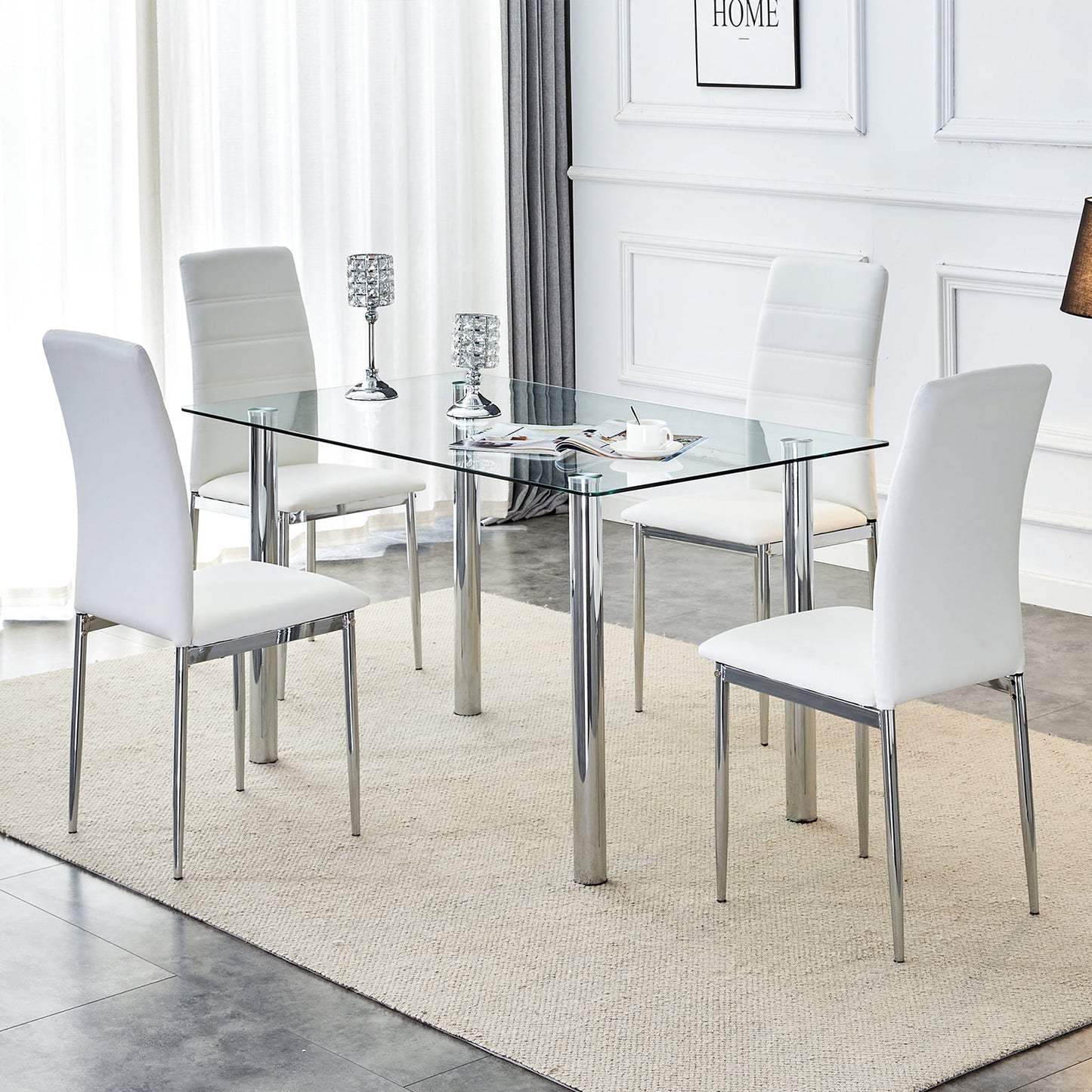 Dining Table Set for 4, Sudica Kitchen Table and Chairs with Tempered Glass Table Top and White PU Leather Dining Room Chairs