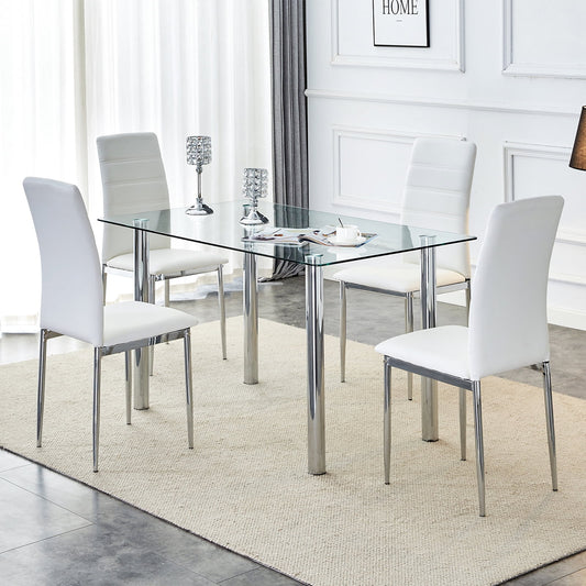 Dining Table Set for 4, Sudica Kitchen Table and Chairs with Tempered Glass Table Top and White PU Leather Dining Room Chairs