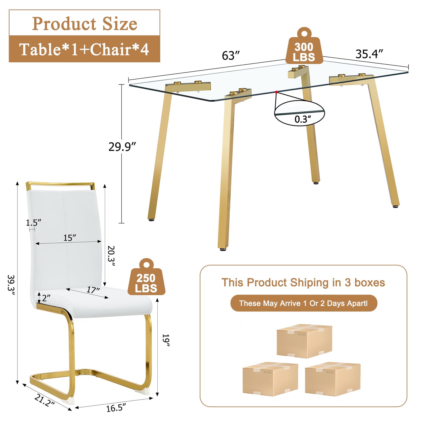 63" Large Glass Dining Table Set for 4, Sudica Gold Legs Kitchen Table with Faux Leather Dining Chairs,White