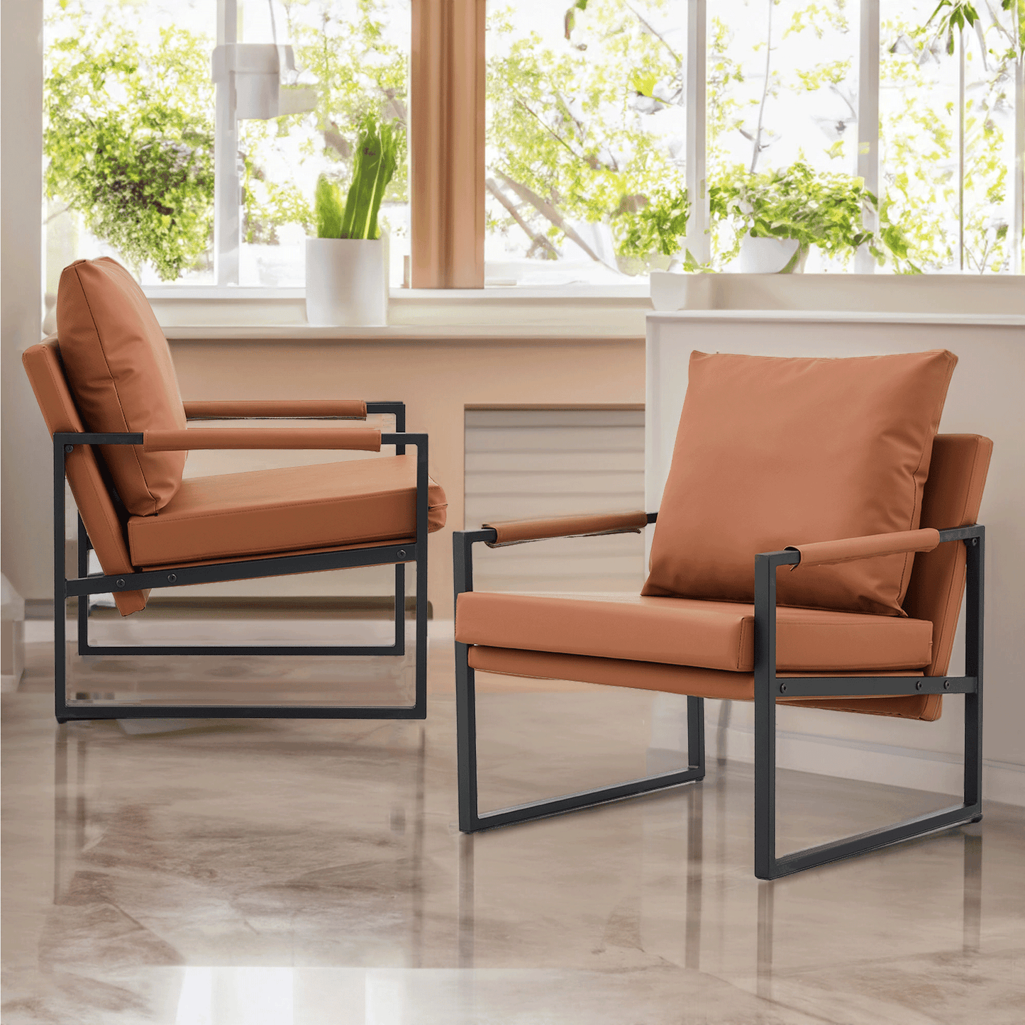 Faux Leather Modern Accent Chair with Metal Frame Living Room Armchair, Brown