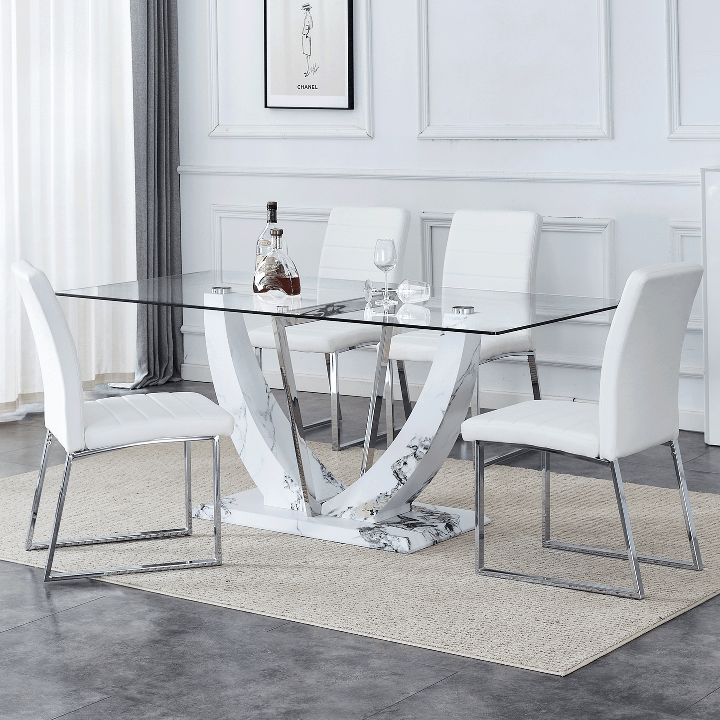 Sudica 5 Pieces Dining Set, 71" Large Glass Dining Table with Marble U Shape Base, White PU Leather Kitchen Chairs