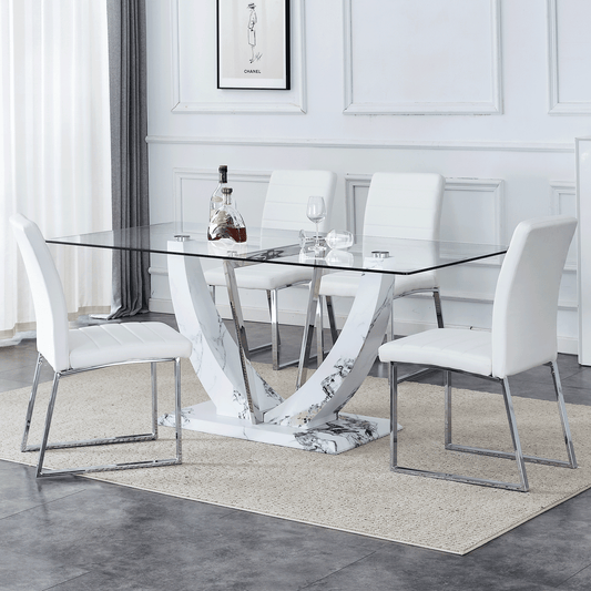 Sudica 5 Pieces Dining Set, 71" Large Glass Dining Table with Marble U Shape Base, White PU Leather Kitchen Chairs