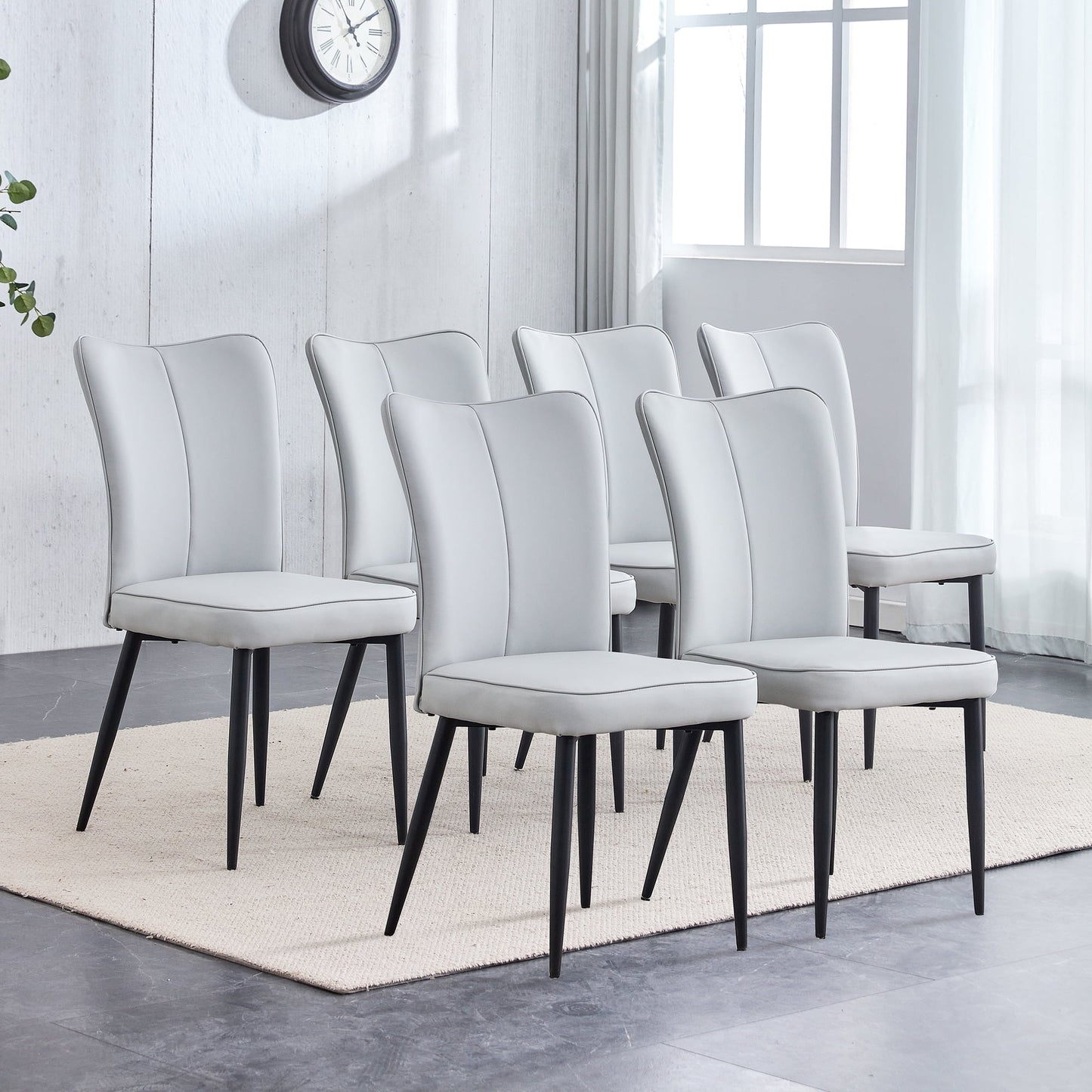 Sudica Modern Dining Chairs Set of 6, Upholstered Leather Kitchen Chairs with Metal Legs, Gray