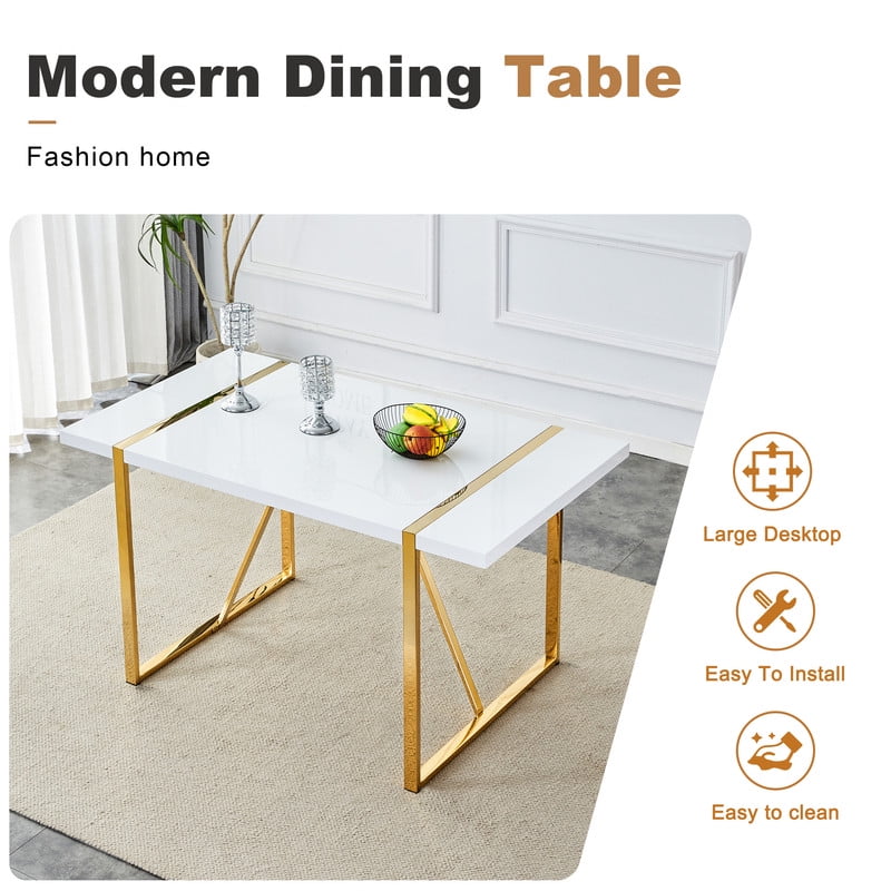 Sudica White Dining Table Set with Gold Legs, 55 inch Kitchen Table and Faux Leather Dining Chairs for Kitchen,White