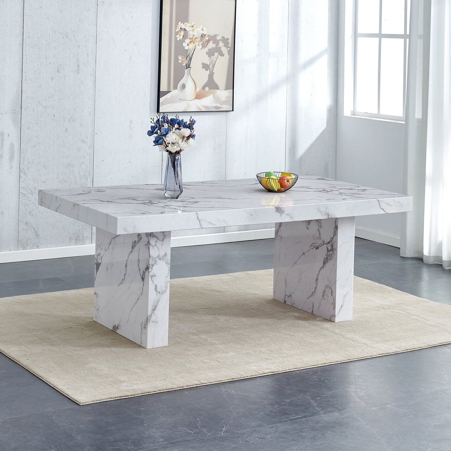 Sudica White Marble Dining Table, 78" Large Rectangular Kitchen Table with 3.5" Thick Faux Marble Table Top for Dining Room