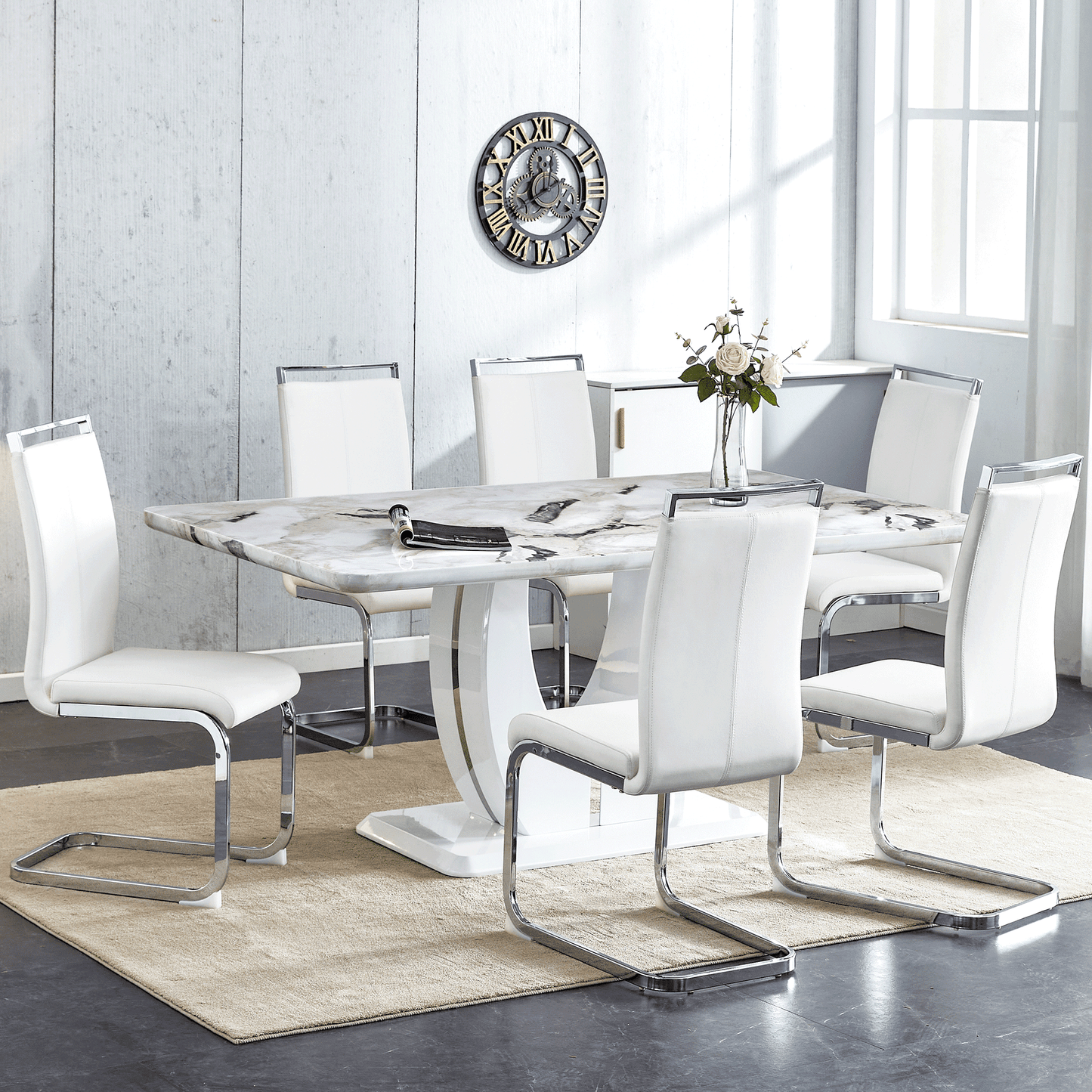 Sudica White Dining Table Set for 6, 71" Marble Kitchen Table with PU Leather Dining Room Chairs, White