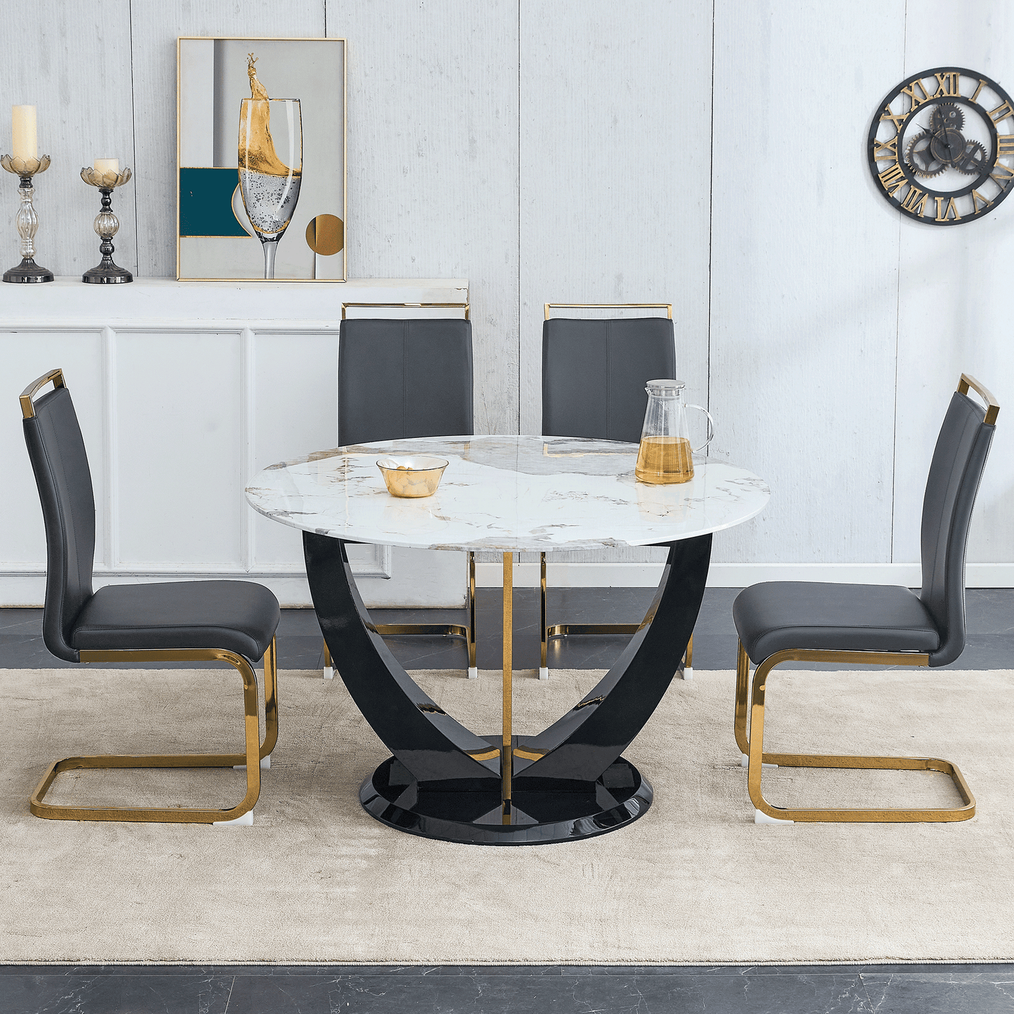 Sudica Round Dining Set for 4, 48" Round Marble Dining Table with PU Leather Dining Chairs, Gold Legs, Gray