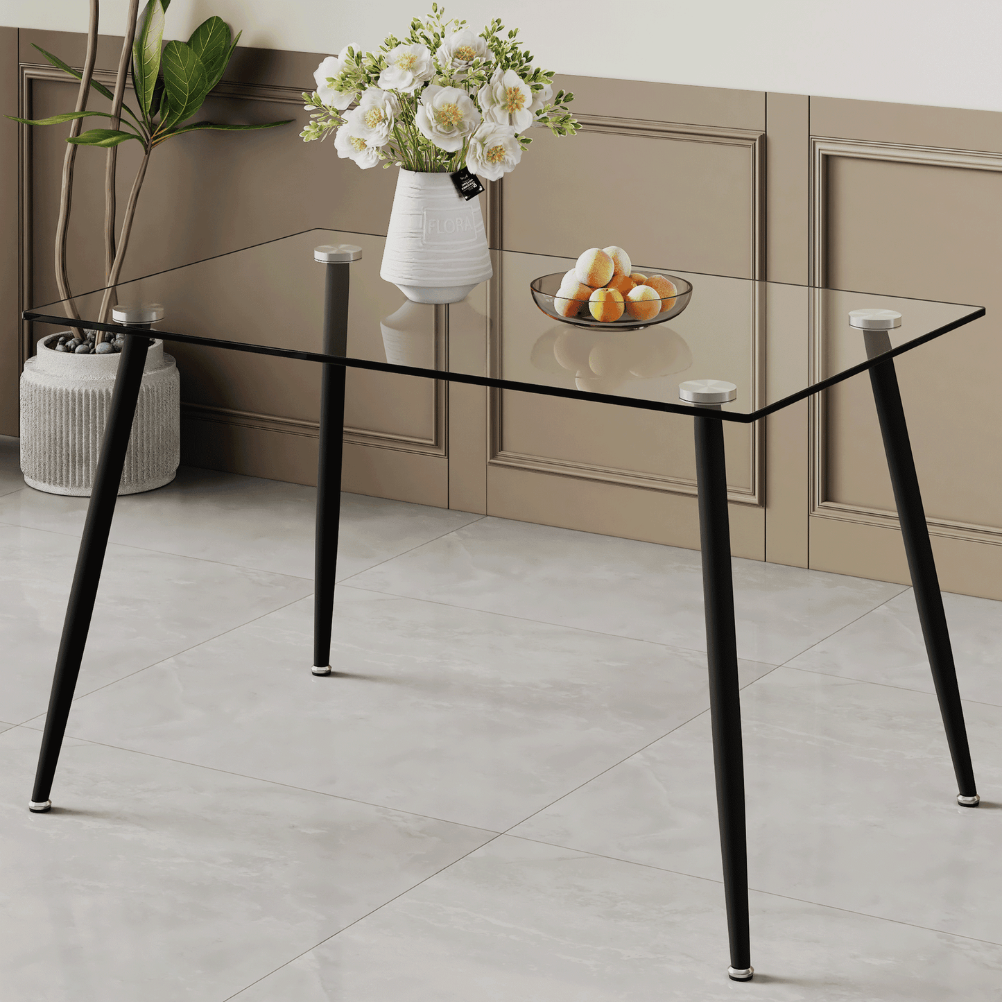 Sudica Glass Dining Table with Black Metal Legs, 51.2" Rectangular Kitchen Table for Dining Room