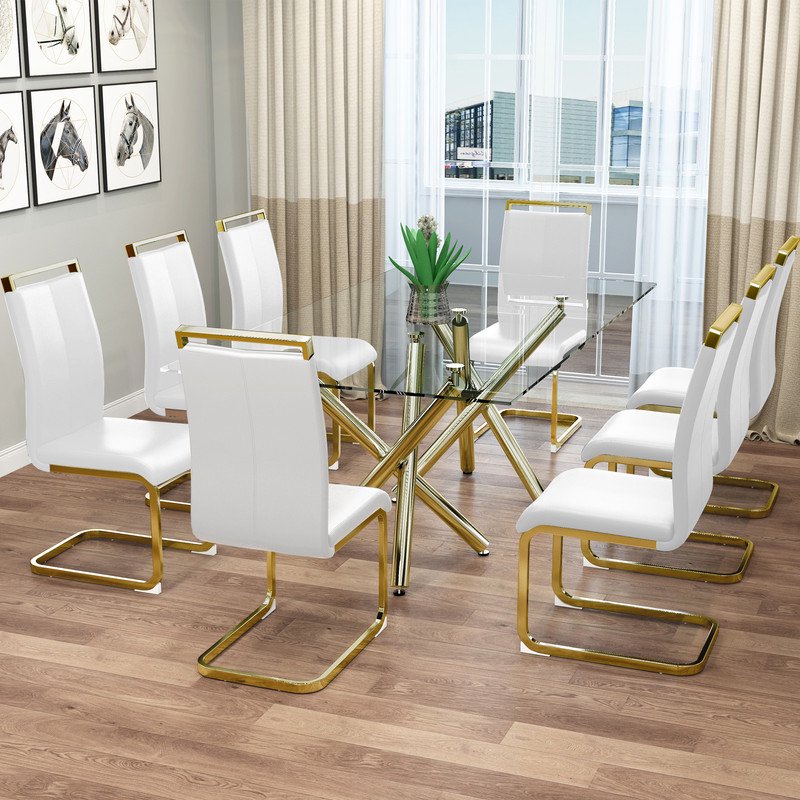 Modern Dining Chairs Set of 8 Sudica Faux Leather Dining Room Chairs with Golden Legs High Back Chair,White