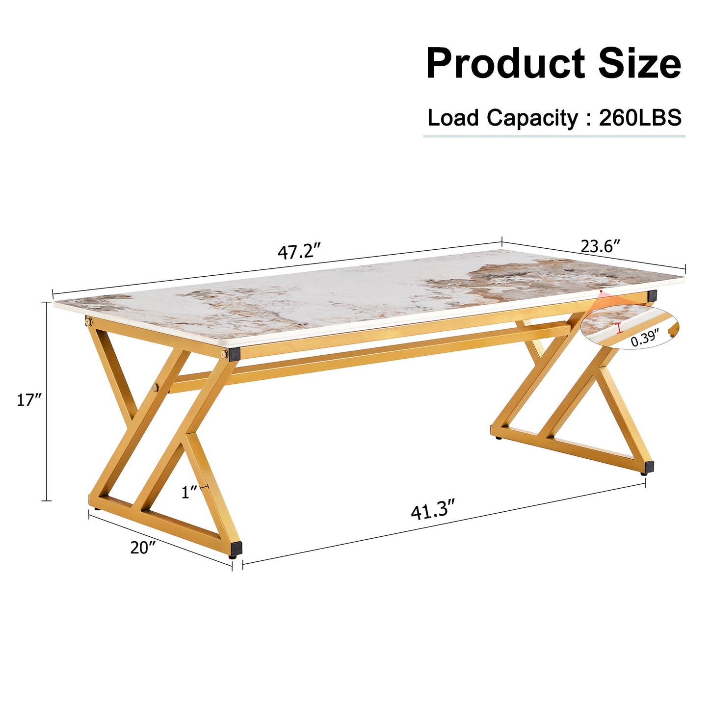 Sudica Multicolor Faux Marble Coffee Table with golden Legs, 47 inch Modern Rectangular Center Table for Living Room