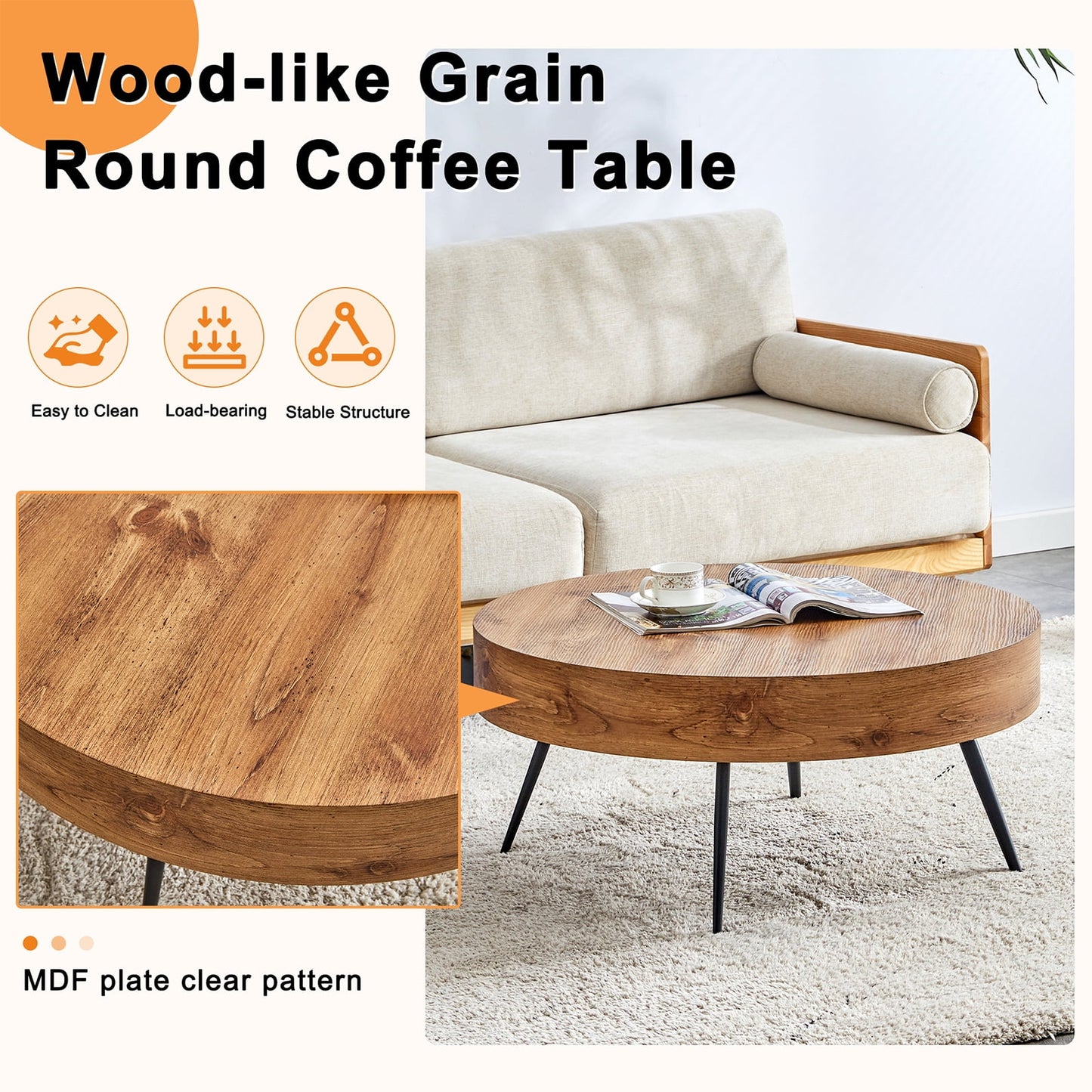 Sudica Coffee Table Wooden Round Modern Coffe Table with Black Legs for Living Room, 31.5 Inch