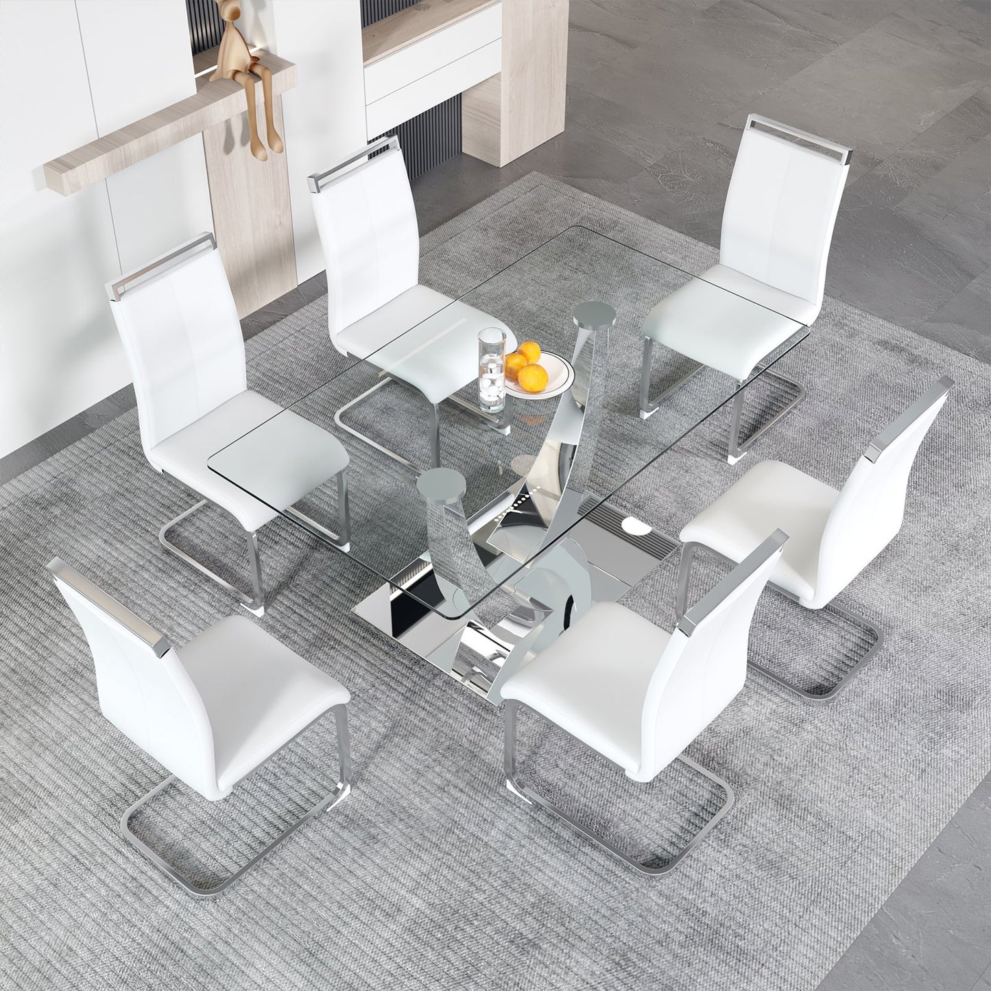 Glass Dining Room Table Set for 6, Sudica 63"Modern Kitchen Glass Dinner Table Set with 6 Upholstered Dining Chairs, White