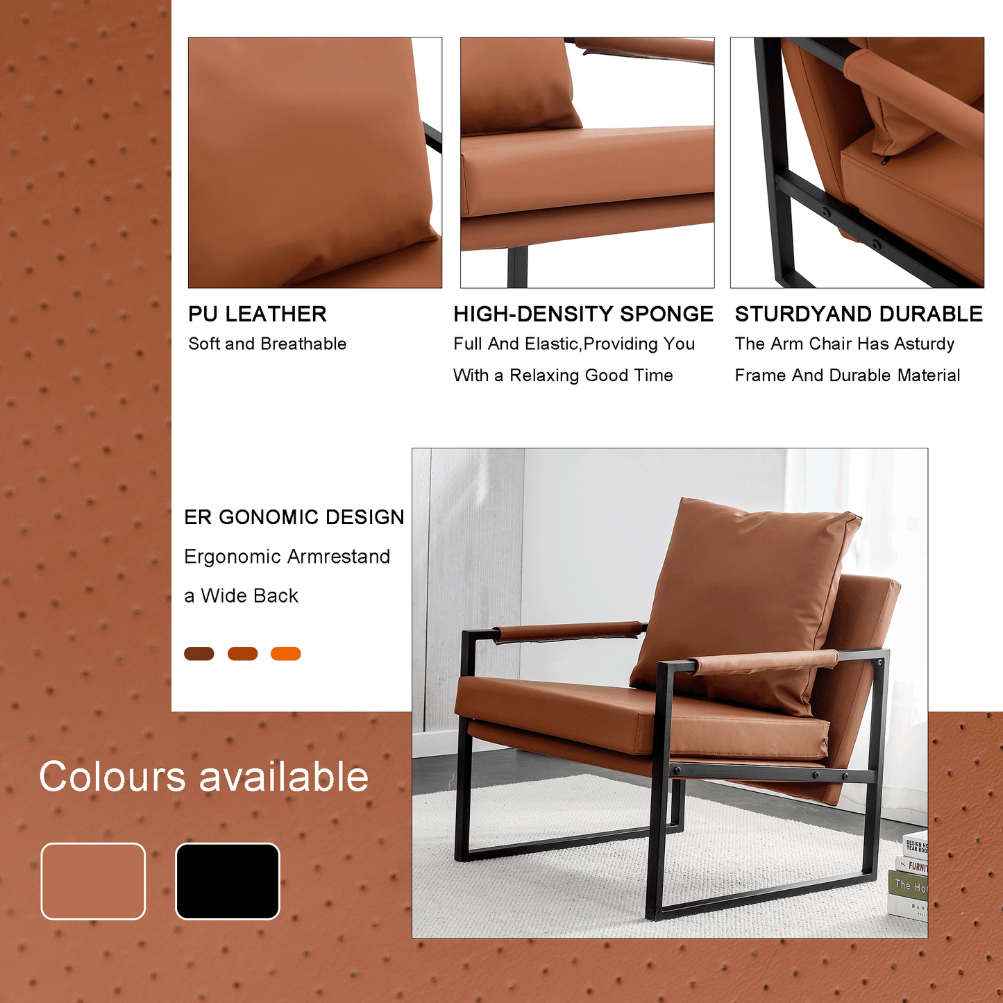 Faux Leather Modern Accent Chair with Metal Frame Living Room Armchair, Brown