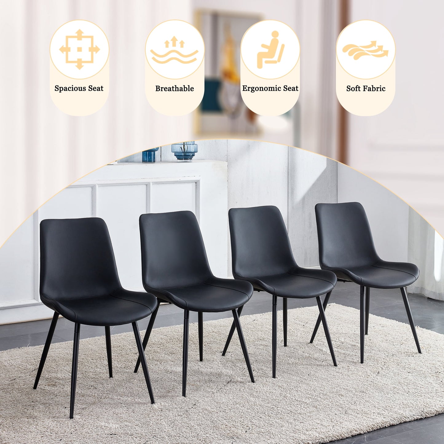 Dining Chairs Set of 6, Sudica Faux Leather Dining Room Chairs with Metal Legs Wide Seat Kitchen Chair,Black