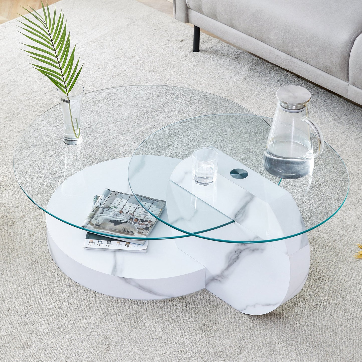 Sudica Modern Coffee Table with Double-layer Round Glass Tabletop，31 inch Tea Table with White Marble Patterned Base,Center Table for Living Room