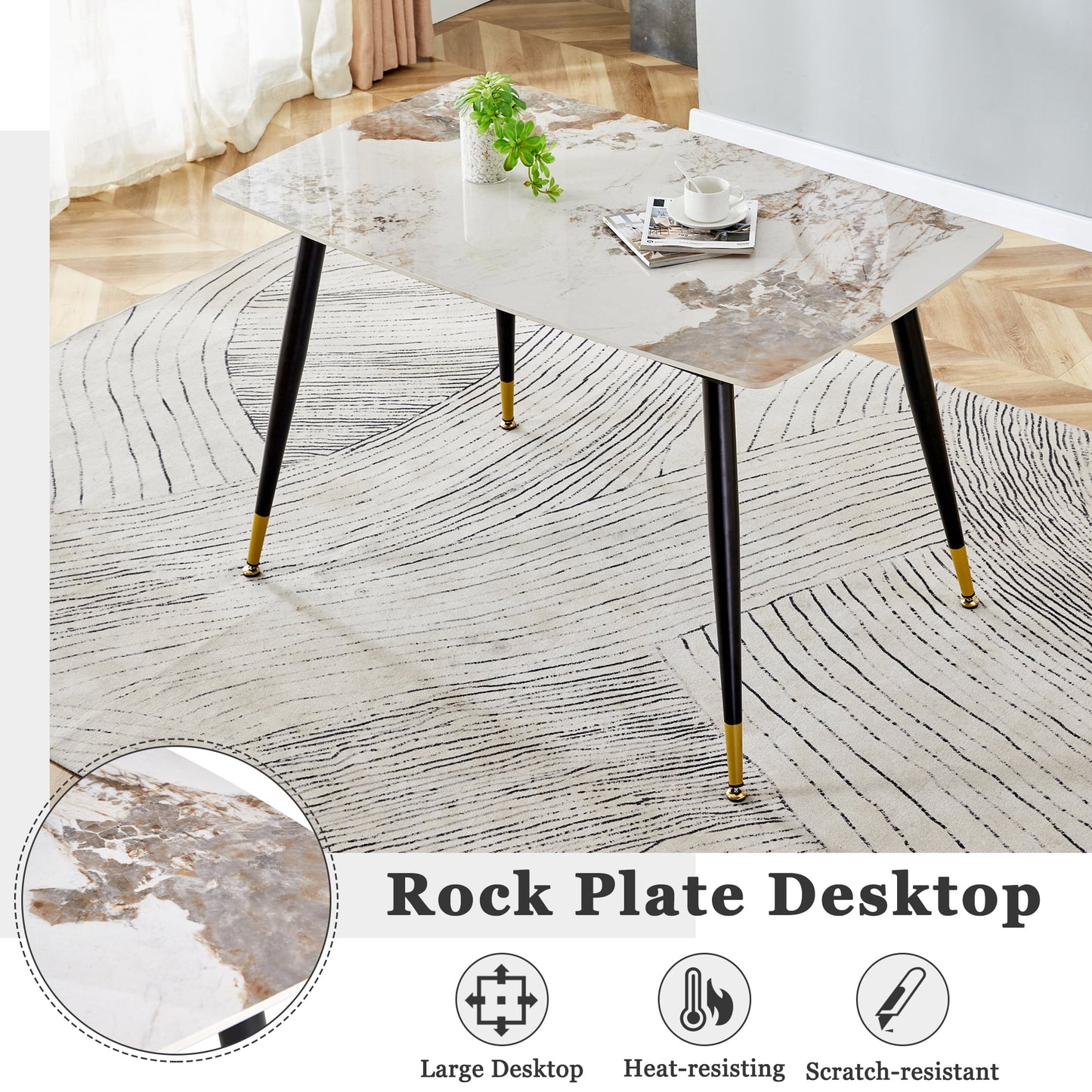 Sudica Dining Table 48" Rectangle Faux Marble Kitchen Dining Room Table with Metal Legs, Brown