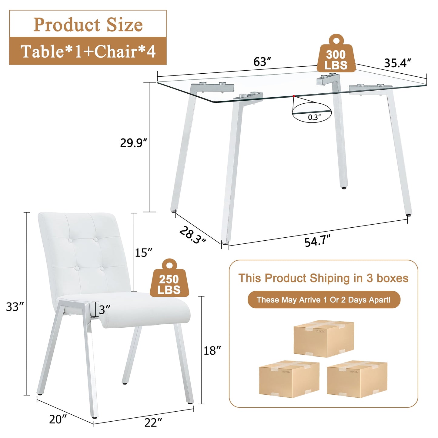 Sudica Dining Set for 4, Glass Rectangular Kitchen Table Set with Upholstered Faux Leather Dining Room Chairs,White