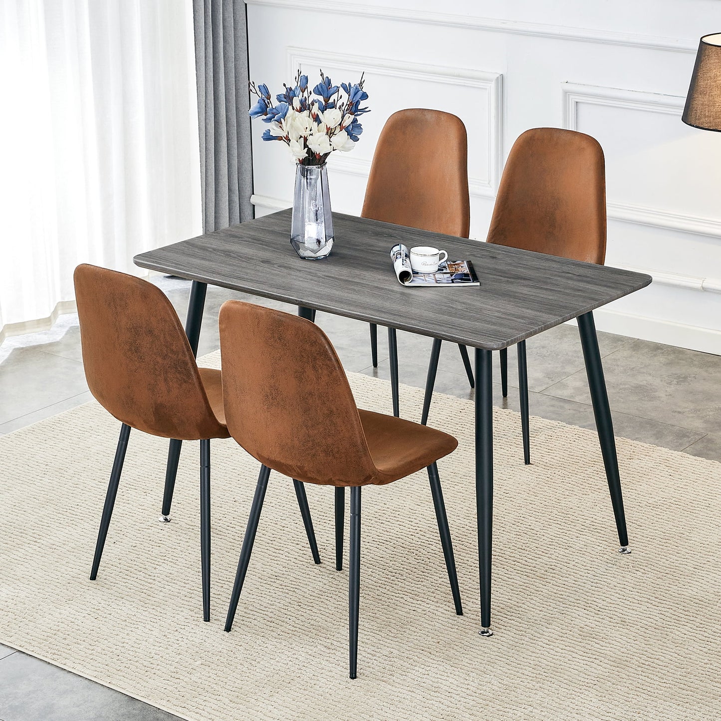 Sudica Compact Wood Table and Chair Set for 4, Modern 47.2" Dining Table with Brown Velvet Kitchen Chairs