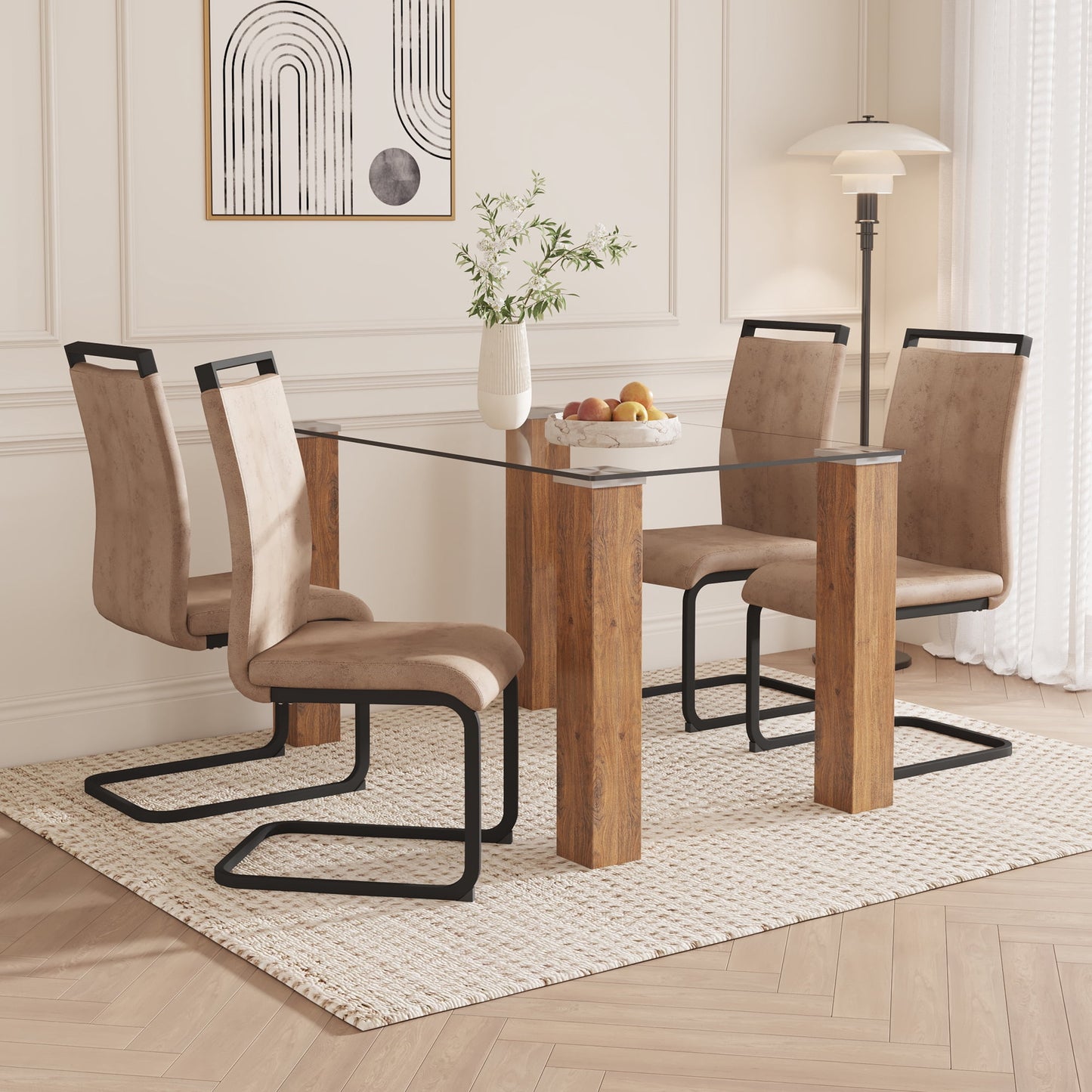 Sudica Dining Set for 4, Glass Rectangular Dining Table Set with Upholstered Dining Chairs