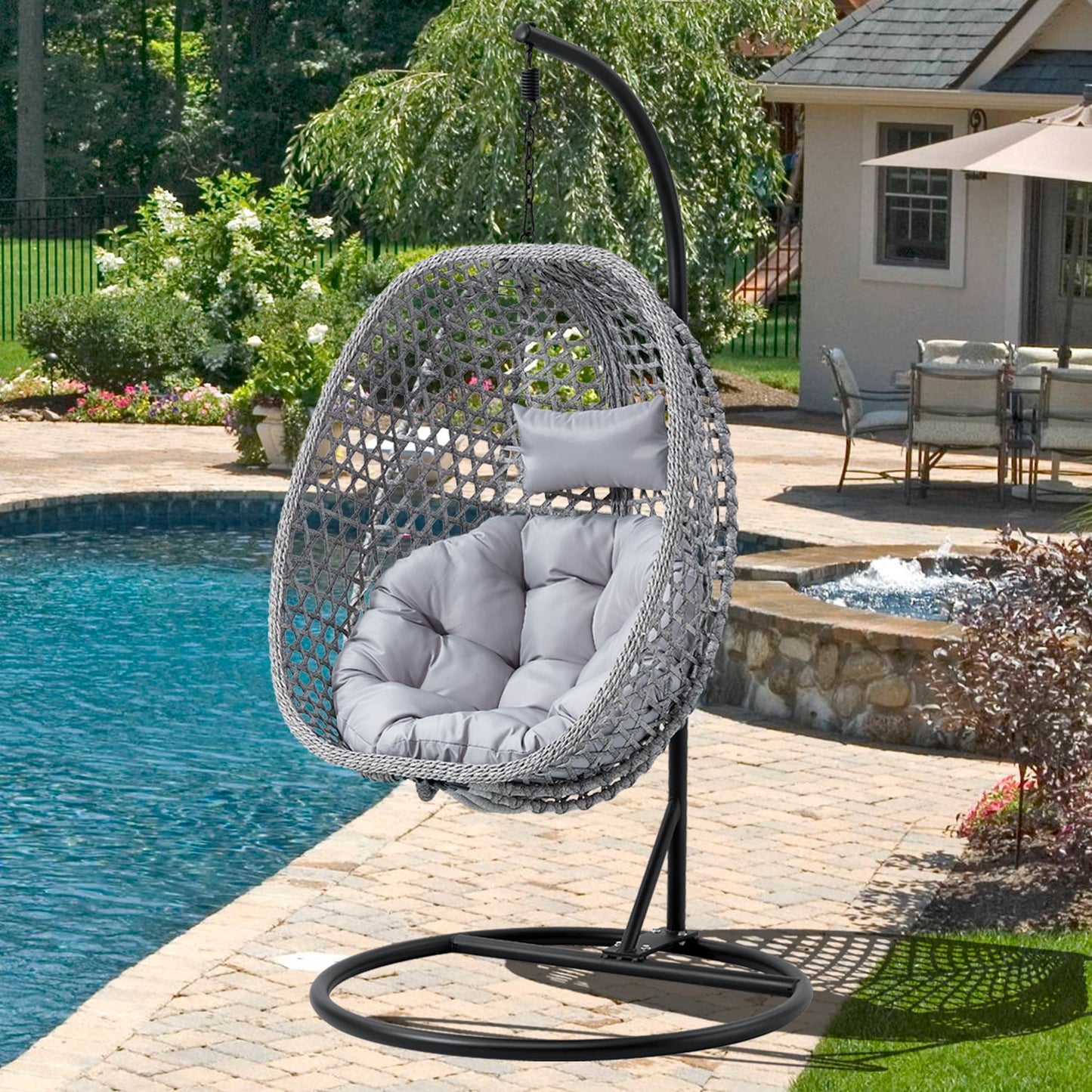 Sudica Hanging Egg Chair with Stand Patio Soft Cushion Rattan Wicker Egg Swing Chair for Bedroom, Garden 350lbs Capacity, Gray