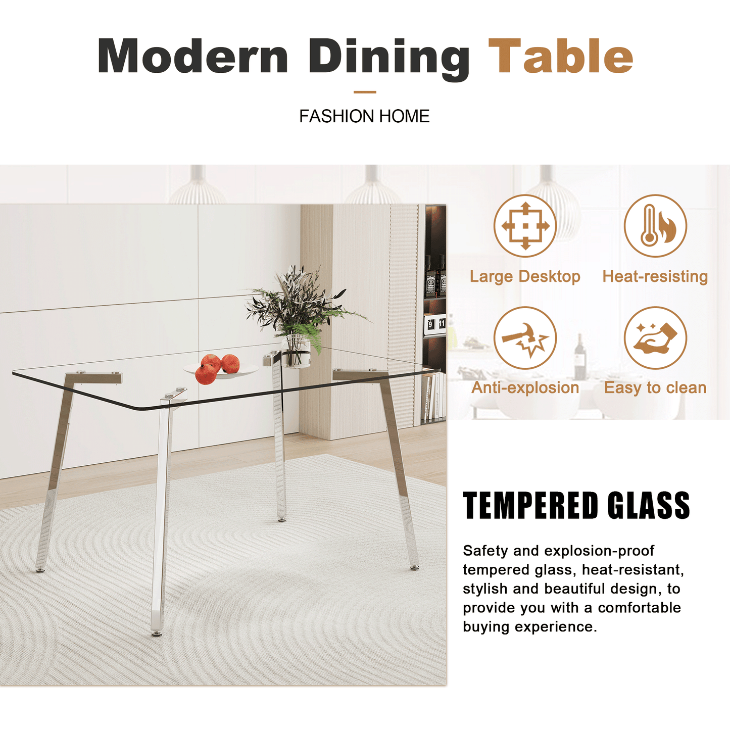 Glass Dining Table Set, Sudica Rectangular Kitchen Table with Upholstered Faux Leather Dining Room Chairs, Gray