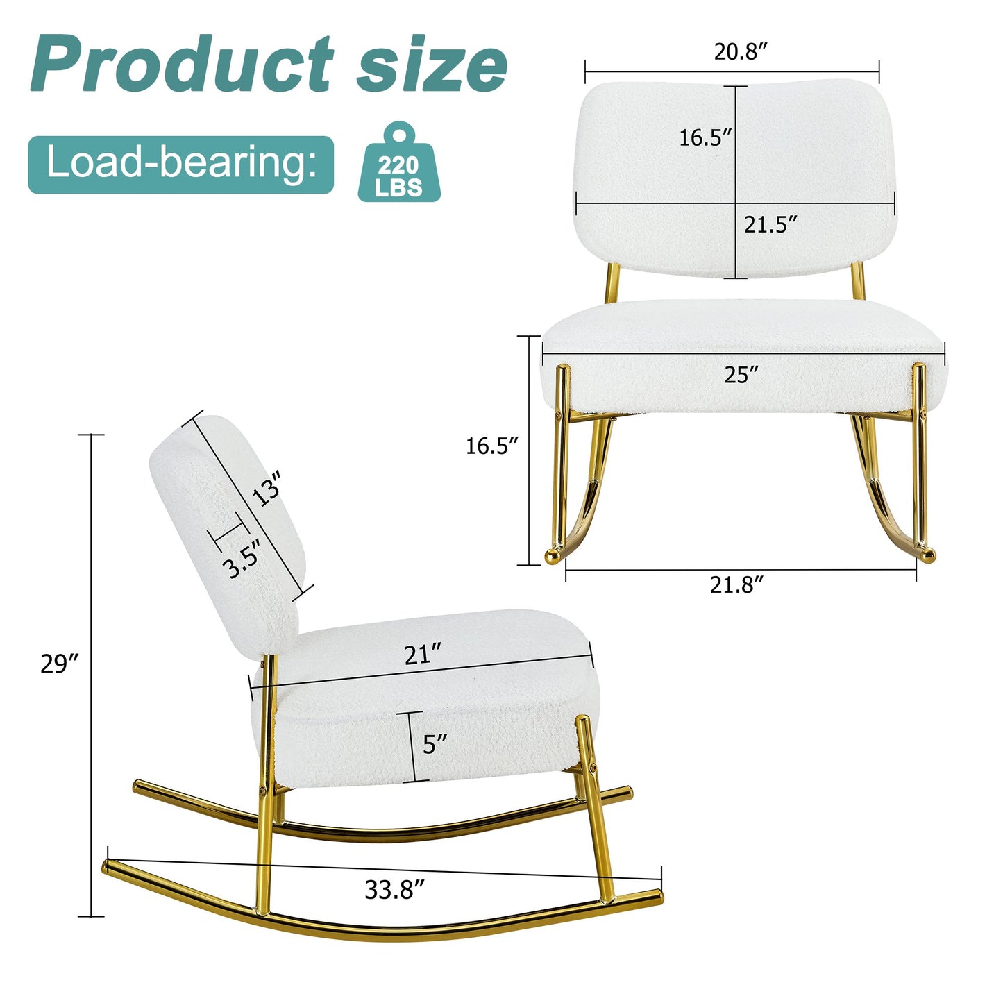 Sudica Boucle Rocking Accent Chairs with Metal Legs, Upholstered Modern Armless Rocker Chair for Bedroom,White