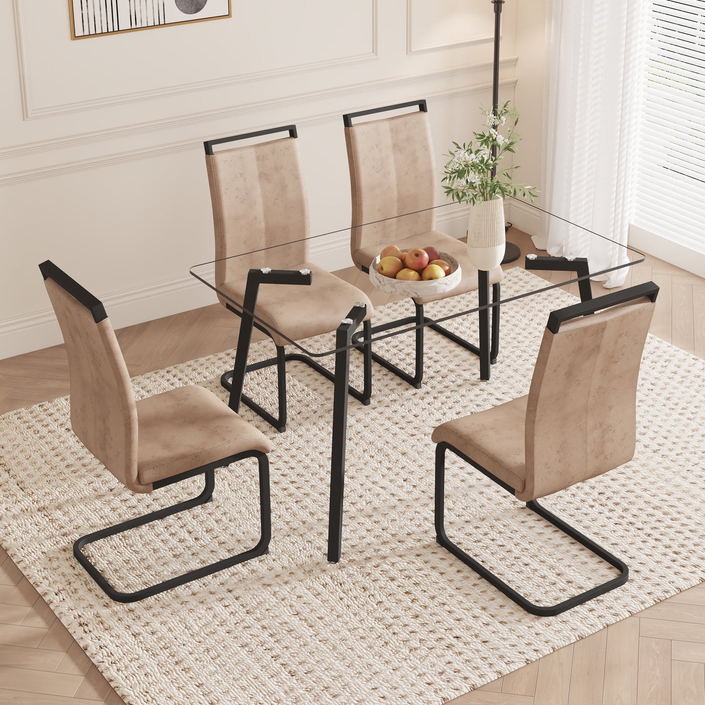 Sudica Dining Set for 4, Glass Rectangular Kitchen Table Set with Upholstered Dining Chairs