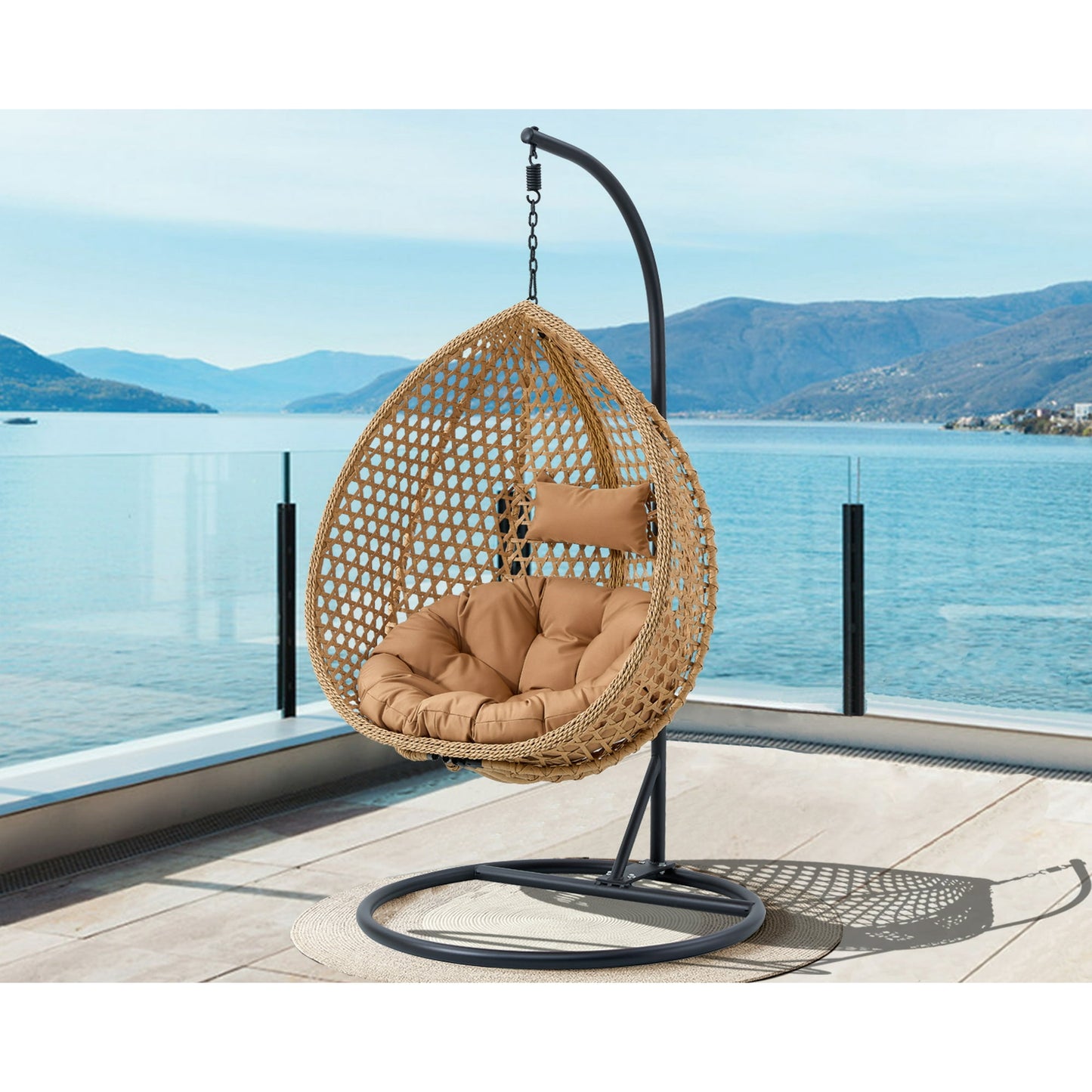 Sudica Egg Swing Chair with Stand Patio Soft Cushion Rattan Wicker Hanging Egg Chair for Bedroom, Garden 350lbs Capacity, Light Browm