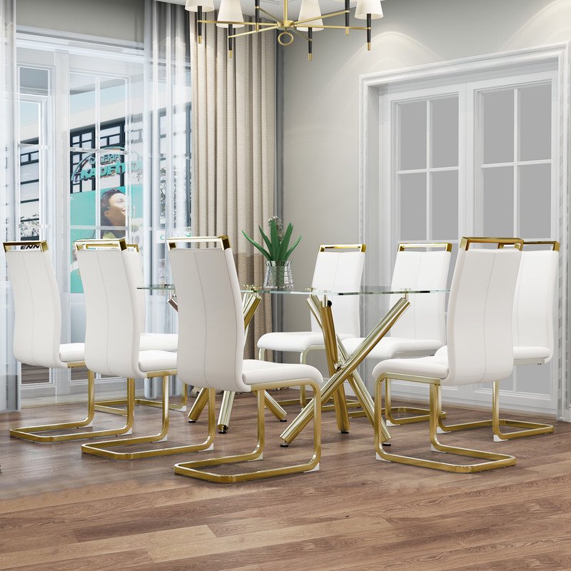 Modern Dining Chairs Set of 8 Sudica Faux Leather Dining Room Chairs with Golden Legs High Back Chair,White