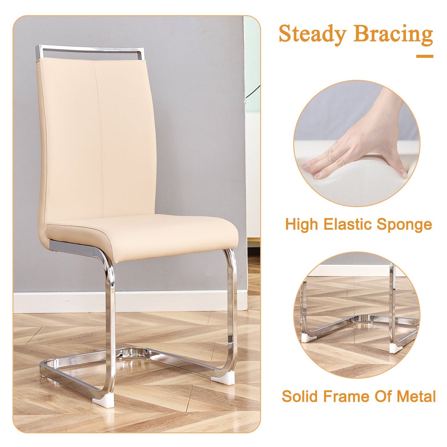 Sudica Dining Chairs Set of 2 Upholstered PU Leather Modern Kitchen Chairs with Chomon Legs, Beige