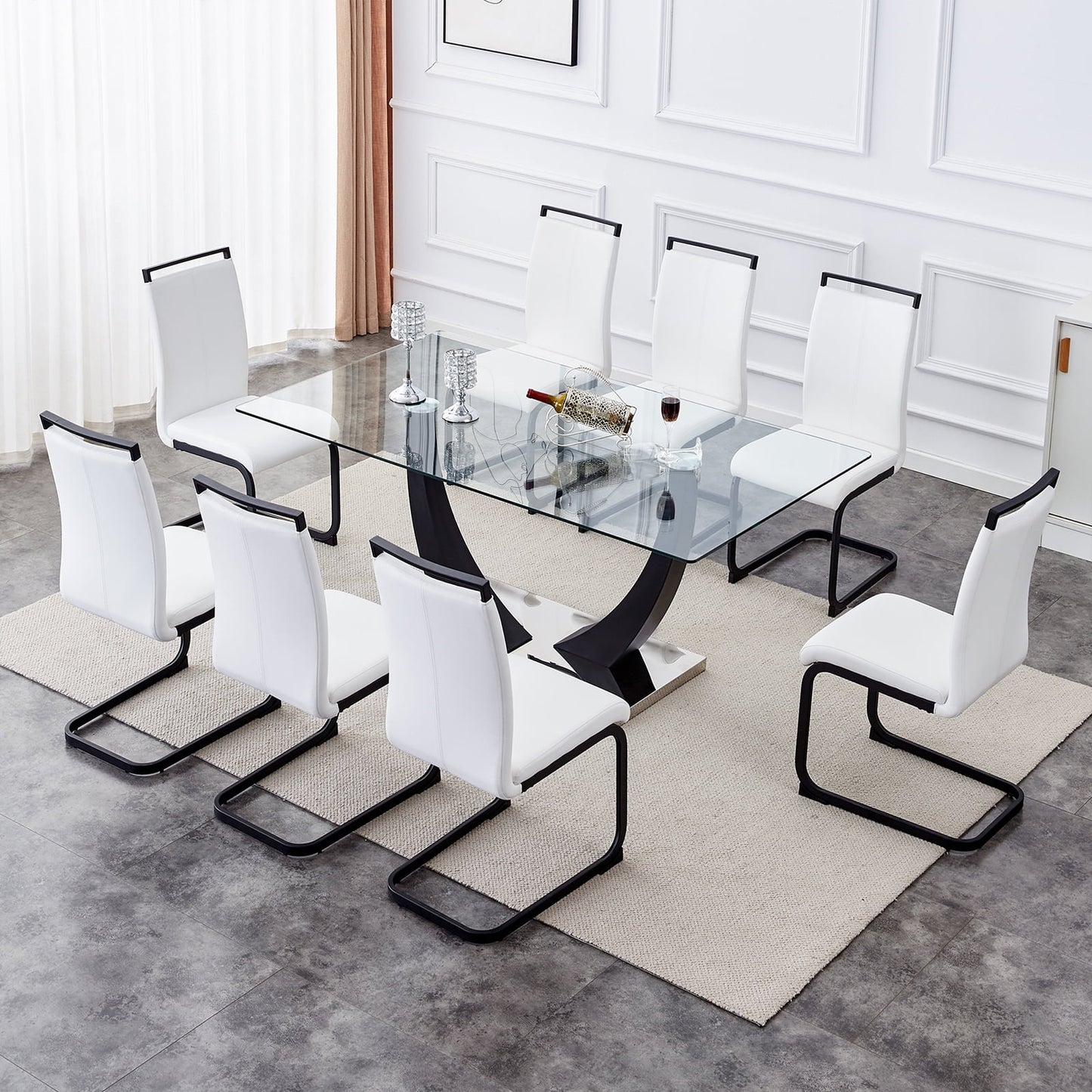 9-Piece 67"Glass Dining Table Set, Sudica Modern Table & Chair Set with 8 PU Leather Padded Dining Chairs, White