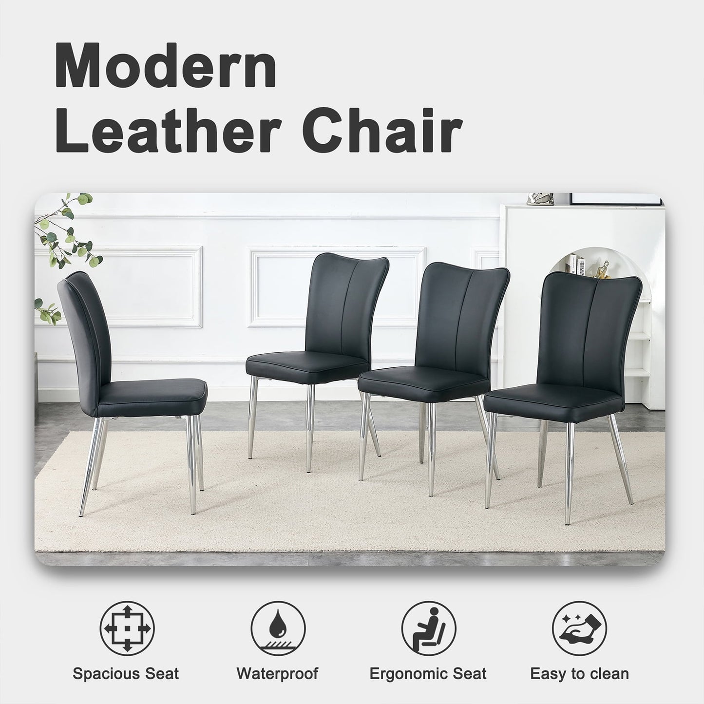 Sudica Modern Dining Chairs Set of 4, Upholstered Leather Kitchen Chairs with Metal Legs, Black