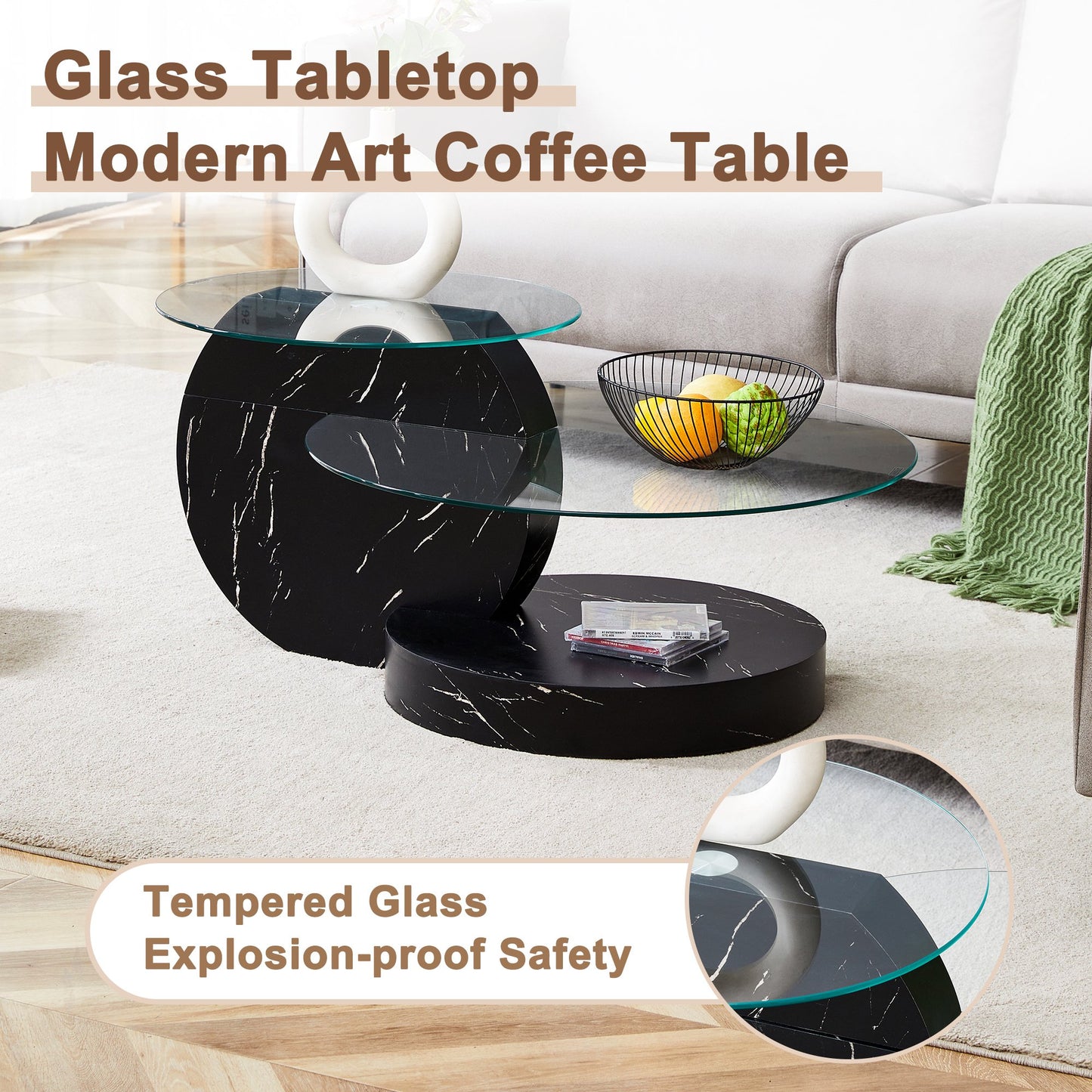 Sudica Modern Coffee Table with Double-layer Round Glass Tabletop，31 inch Tea Table with Black Marble Patterned Base,Center Table for Living Room