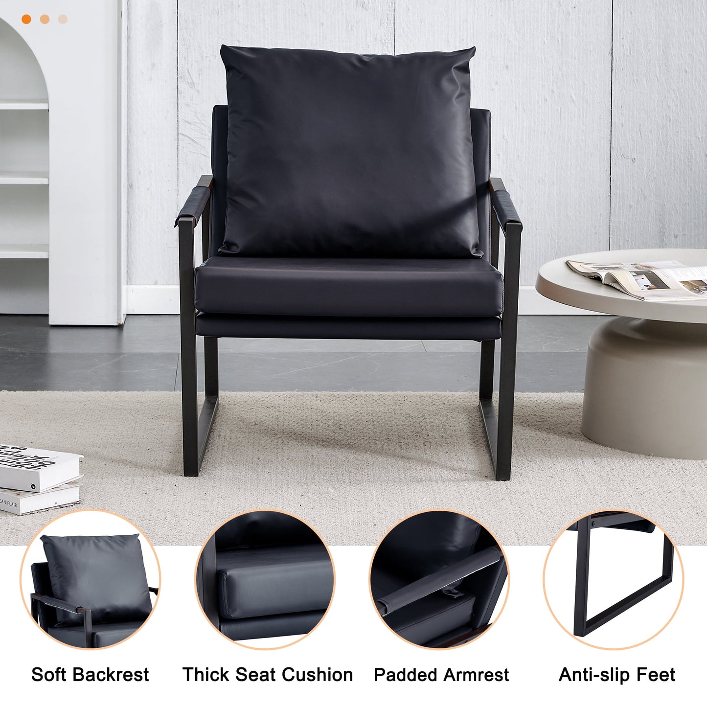 Faux Leather Modern Accent Chair with Metal Frame Living Room Armchair, Black