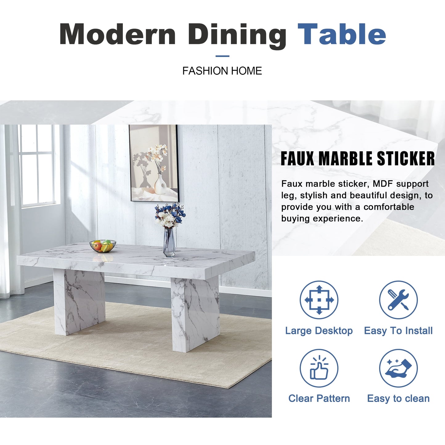 Sudica White Marble Dining Table, 78" Large Rectangular Kitchen Table with 3.5" Thick Faux Marble Table Top for Dining Room