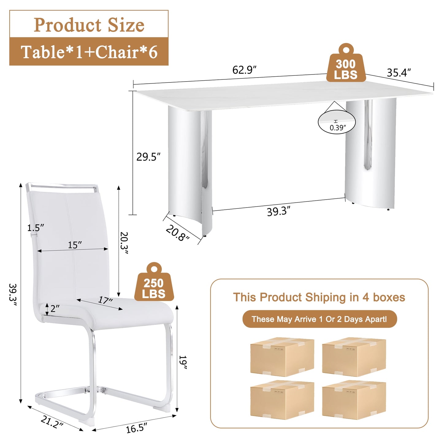 Dining Table Set for 6£¬Sudica 63" Faux Marble White Rectangular Dining Table and Upholstered PU Leather Dining Room Chairs for Kitchen,White