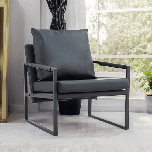 Mid-Century Accent Chair Metal Frame Faux Leather Reading Arm Chair for Living Room and Bedroom, Black