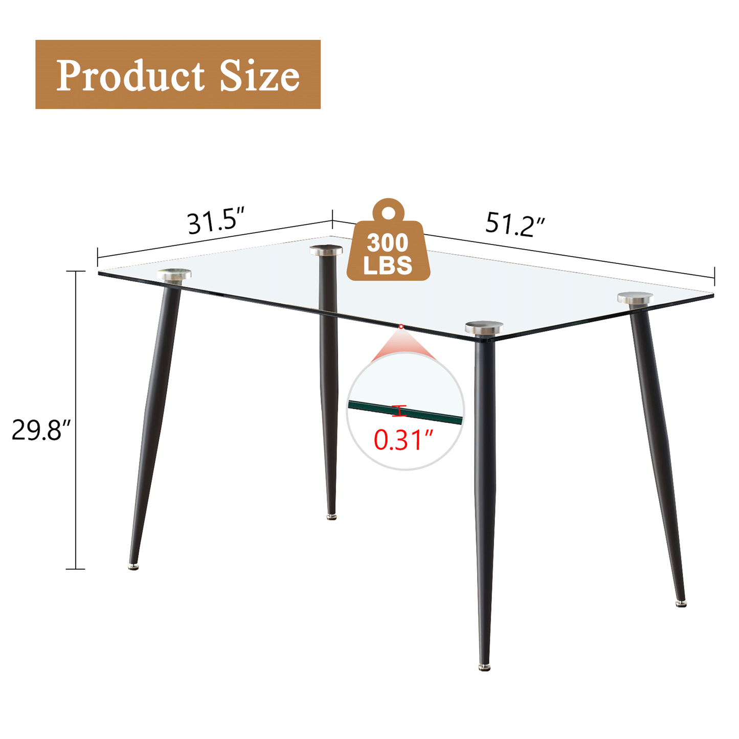 Sudica Glass Dining Table with Black Metal Legs, 51.2" Rectangular Kitchen Table for Dining Room