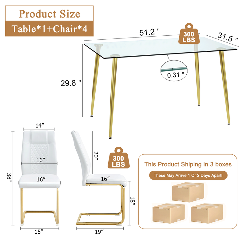 Sudica Modern Compact Dining Table and Chair Set for 4, 51 inch Rectangular Tempered Glass Kitchen Table and PU Leather Chairs for Dining Room,Living Room,White