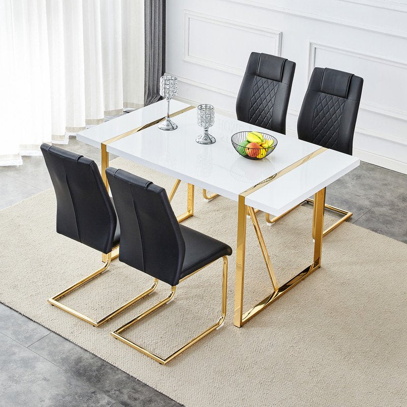 Sudica White Dining Table Set with Gold Legs, 55 inch Kitchen Table and Faux Leather Dining Chairs for Kitchen,Black