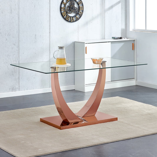 Sudica Modern Glass Dining Table, 63" Large Dining Room Table with Rose Gold U shape Base for Kitchen