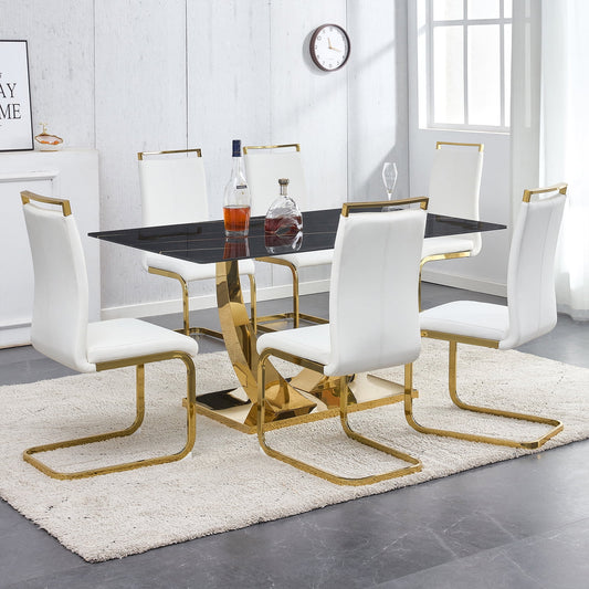 7-Piece Dining Table Set, Sudica Rectangular Faux Marble Kitchen Table with 6 Leather Gold Legs Dining Chairs, White