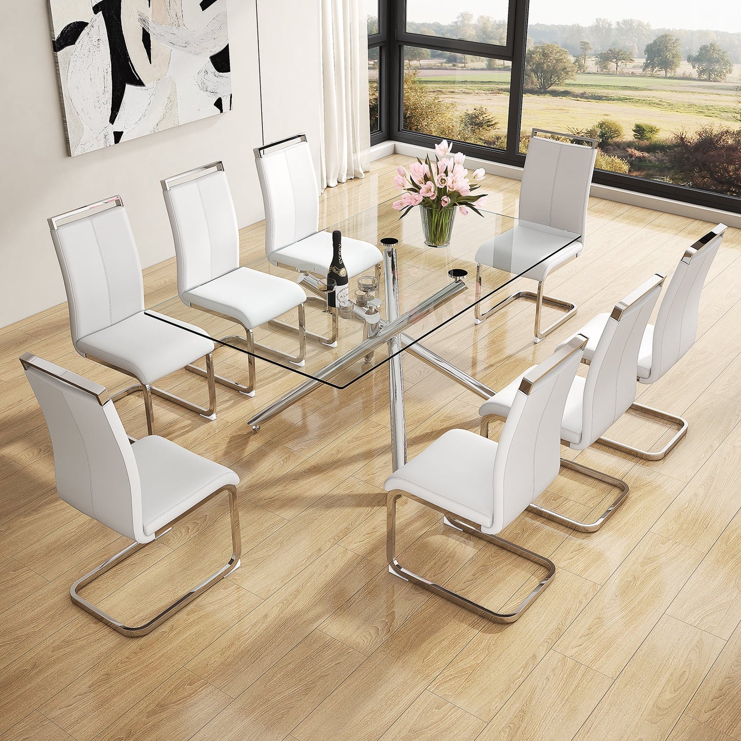 Sudica Glass Dining Table Set for 8, 71" Large Rectangular Kitchen Glass Dinner Table with Upholstered Silver Legs Dining Room Chairs, White