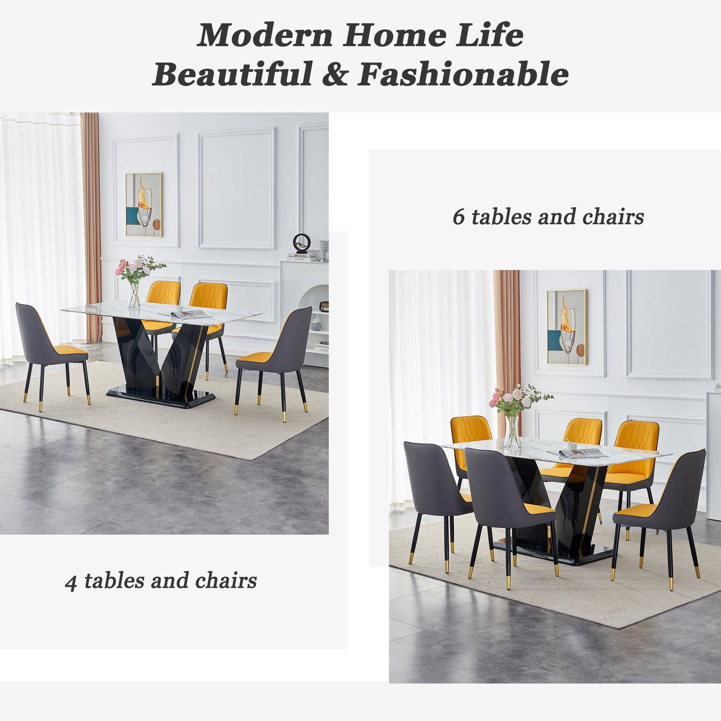 Sudica 63" Dining Table Set 5-Piece Marble Rectangular Kitchen Table & 4 Faux Leather Padded Dining Chair Set,Yellow