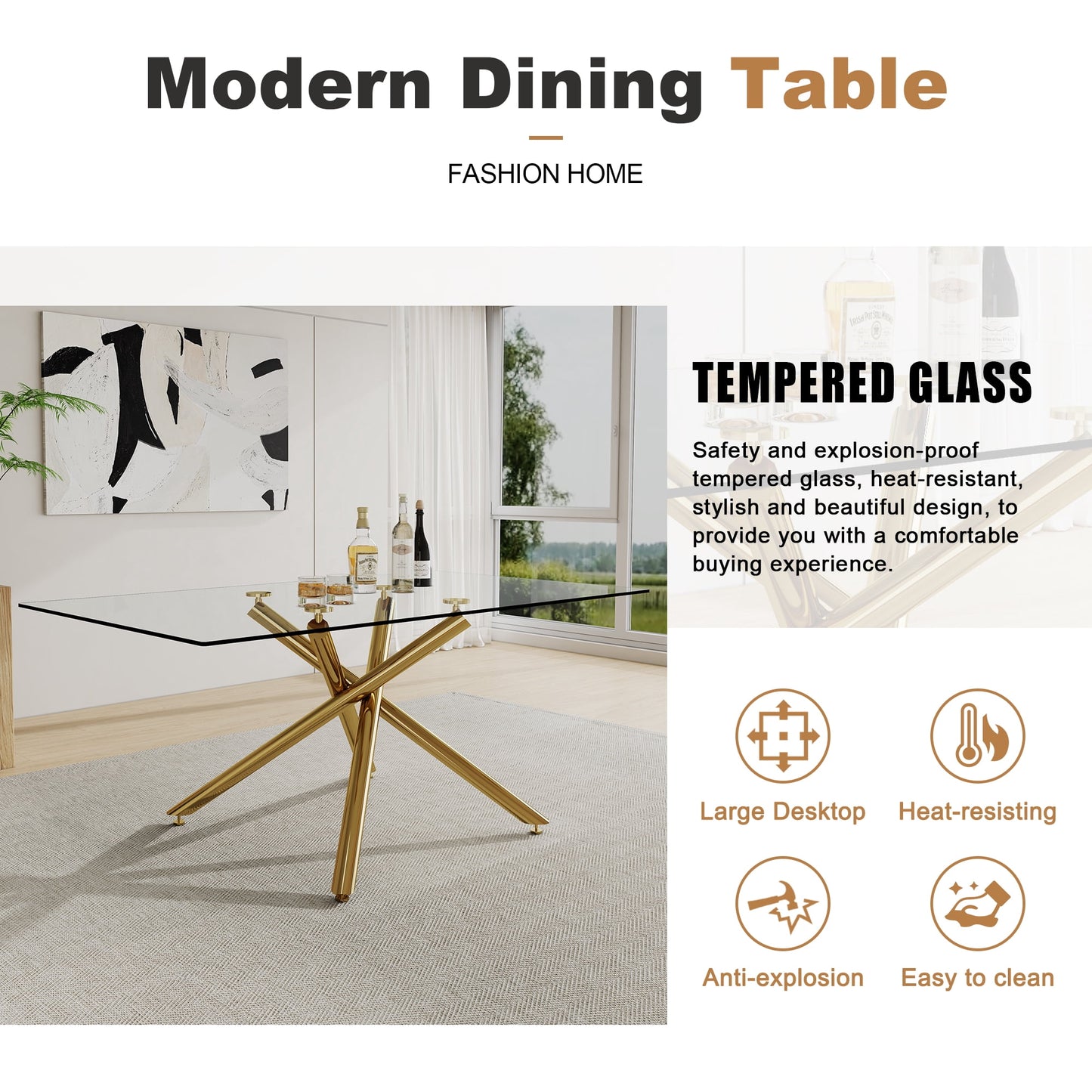 Sudica Modern Large Rectangular Glass Table for 6-8 with 0.39" Tempered-Glass Tabletop, Metal Legs for Kitchen Dining Room, Golden