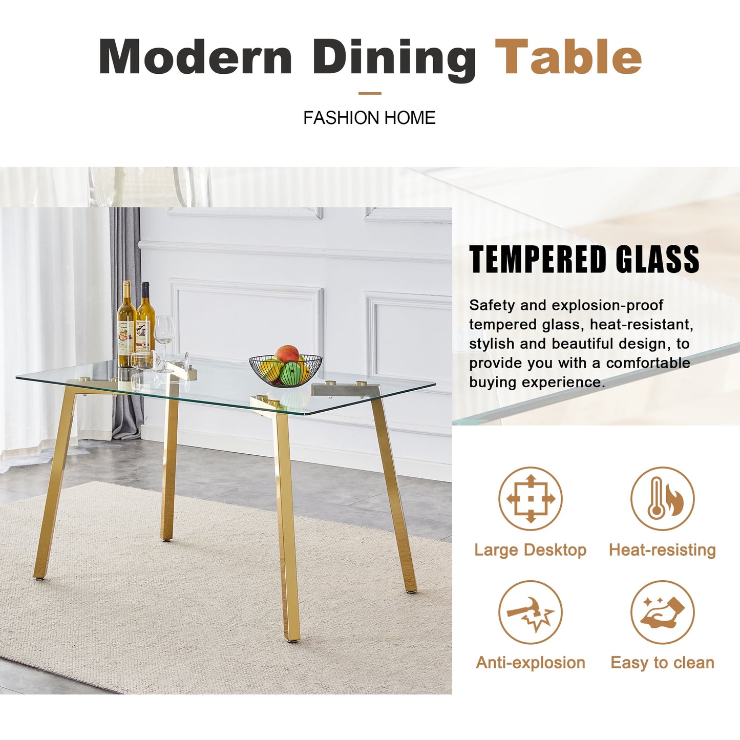 63" Large Glass Dining Table Set for 6, Sudica Gold Legs Kitchen Table with Faux Leather Dining Chairs,Gray