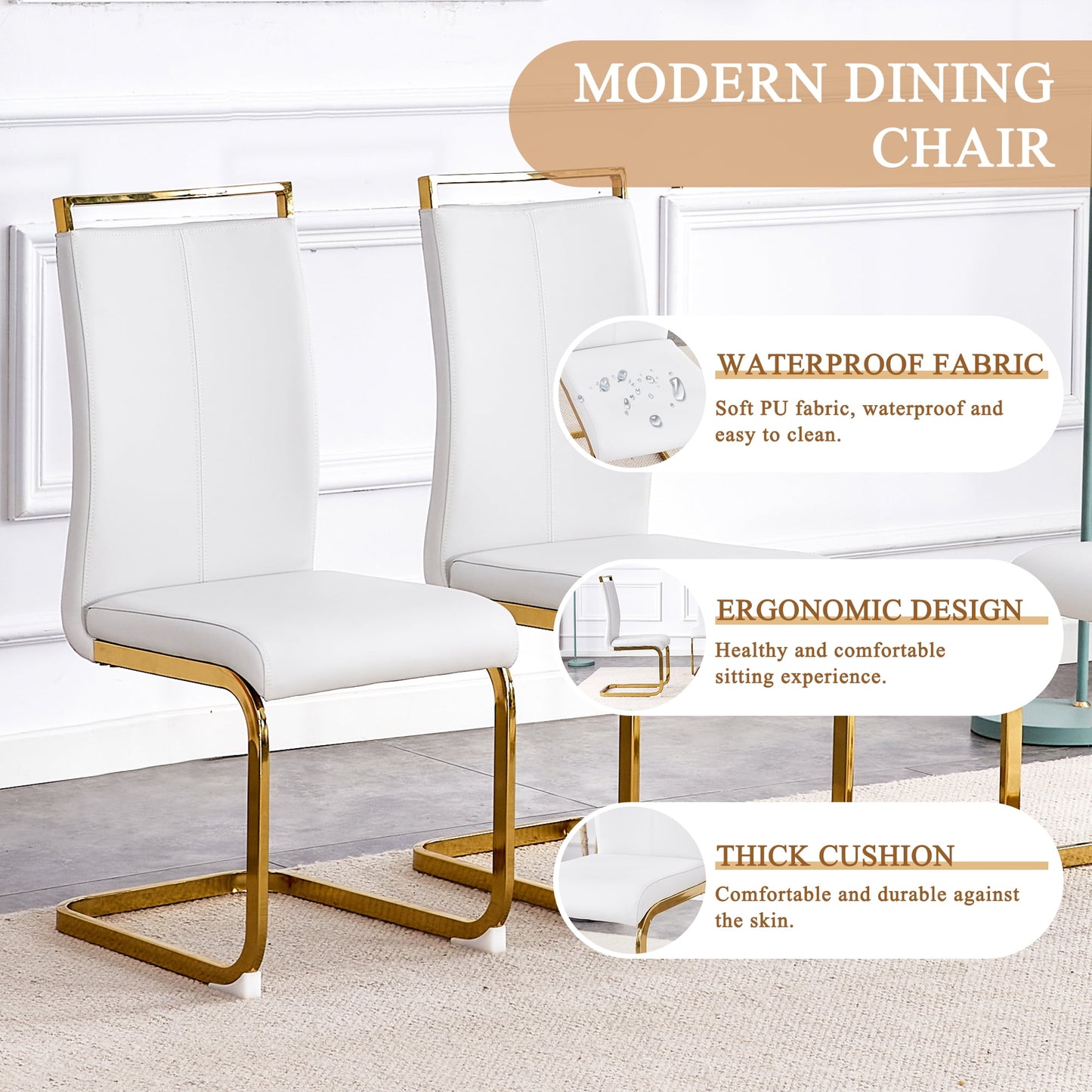 Sudica Compact Dining Table Set for 4, 51" Glass Dining Table with Gold Legs PU Leather Kitchen Chairs,White