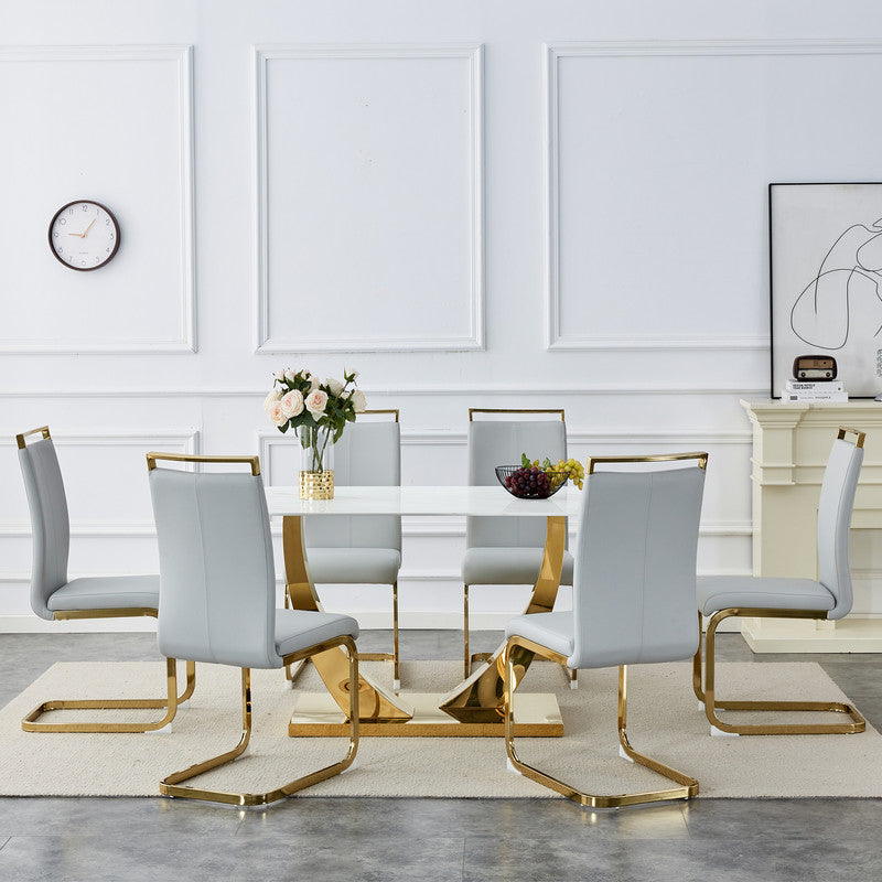 Sudica Modern Dining Table with White Marble Patterned Tabletop, 63 inch Large Dining Room Table with Golden U shape Base for Kitchen