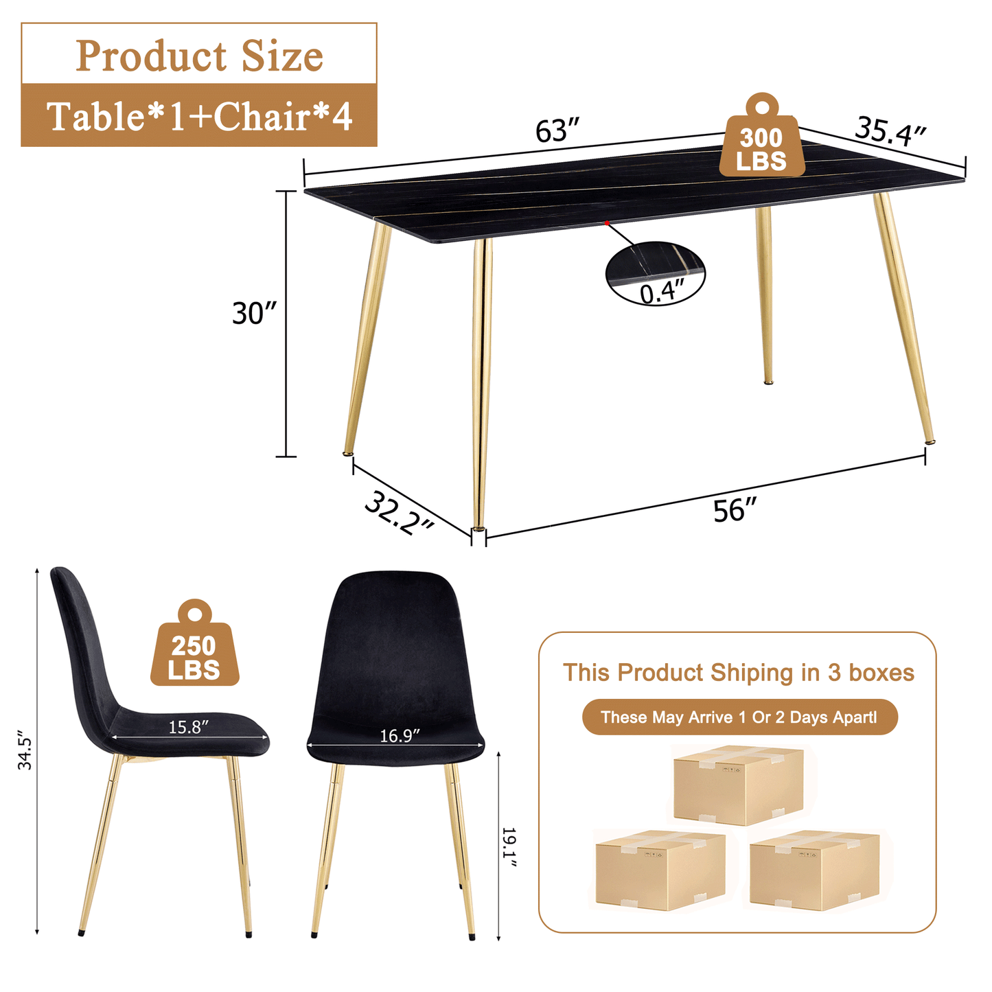 Marble Dining Table Set for 4,Sudica 63" Rectangular Black Faux Marble Kitchen Table with 4 Velvet Dining Chairs